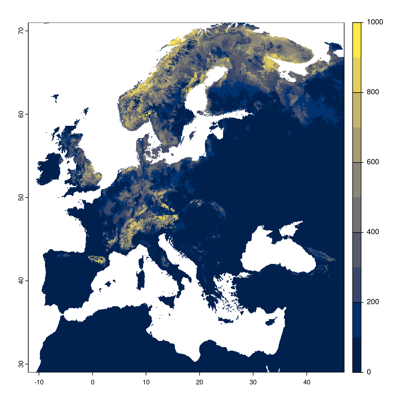 Projection des distributions potentielles futures jusqu'à l'horizon 2100 sous le scénario SSP3-7.0 (modèle d'ensemble).