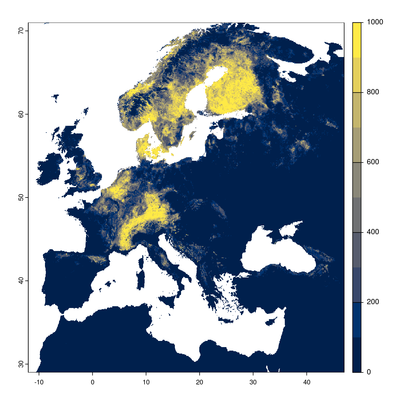 Projection des distributions potentielles futures jusqu'à l'horizon 2100 sous le scénario SSP5-8.5 (modèle d'ensemble).