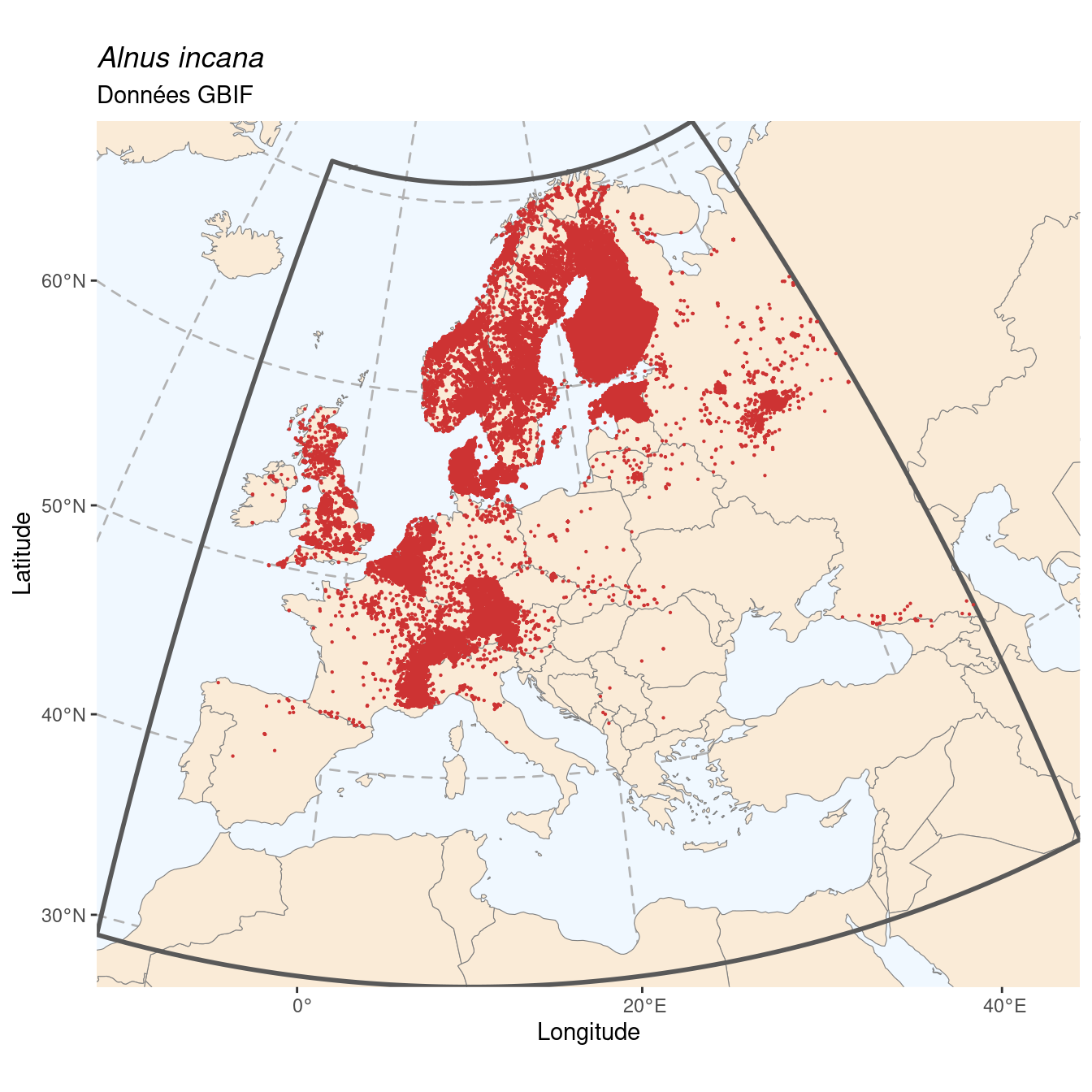 Occurrence de Alnus incana dans la région d'endémisme.