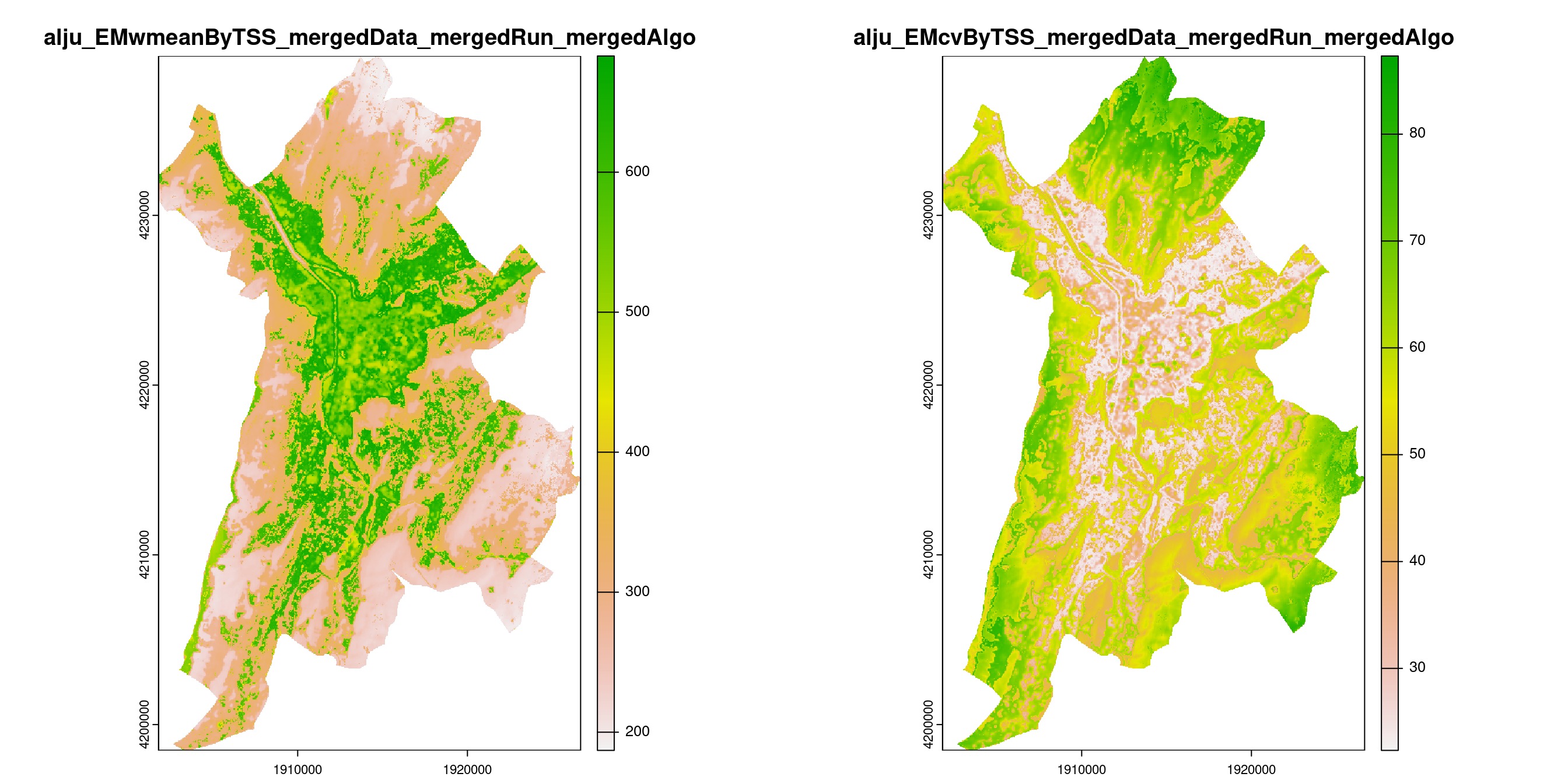 A) Projection de la distribution potentielle contemporaine (modèle d'ensemble) sur la métropole de Grenoble ; B) Incertitude associée à la projection.