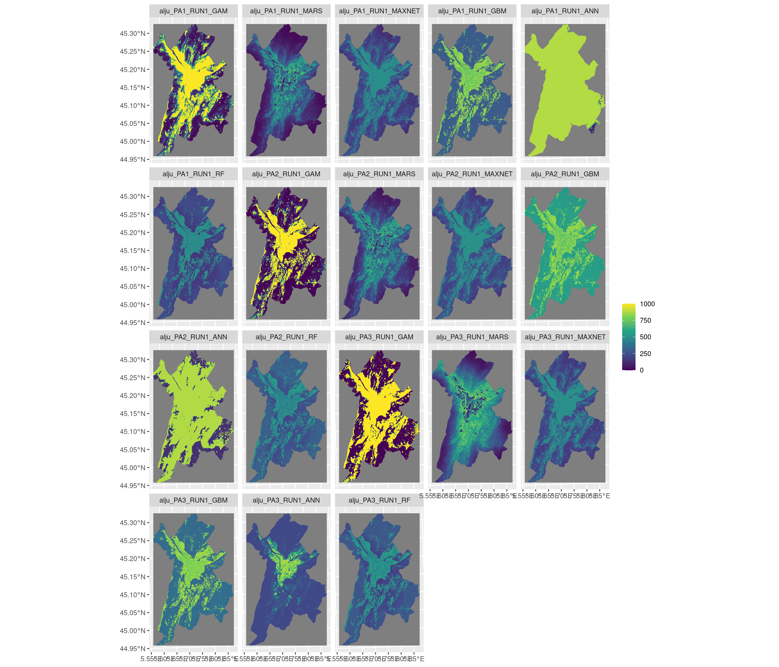 Projection de la distribution potentielle contemporaine sur la métropole de Grenoble, selon les 6 algorithmes et les 3 runs.
