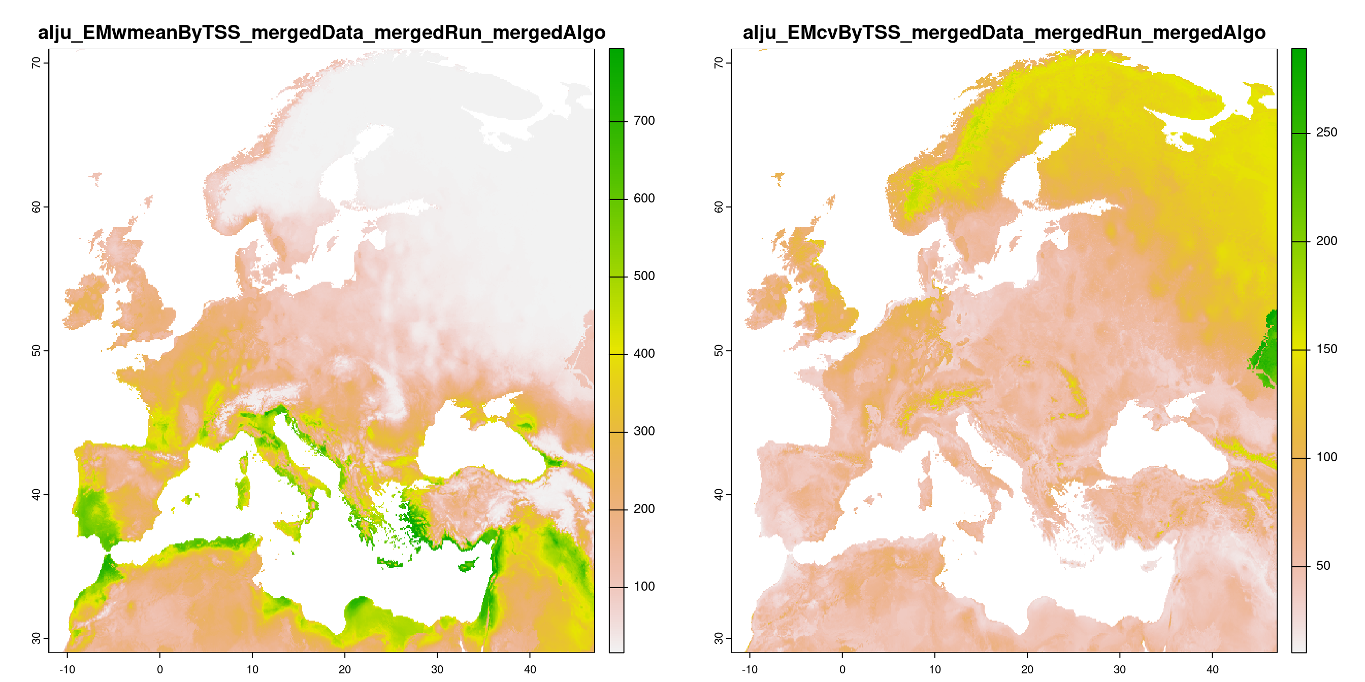 A) Projection de la distribution potentielle contemporaine (modèle d'ensemble) ; B) Incertitude associée à la projection.