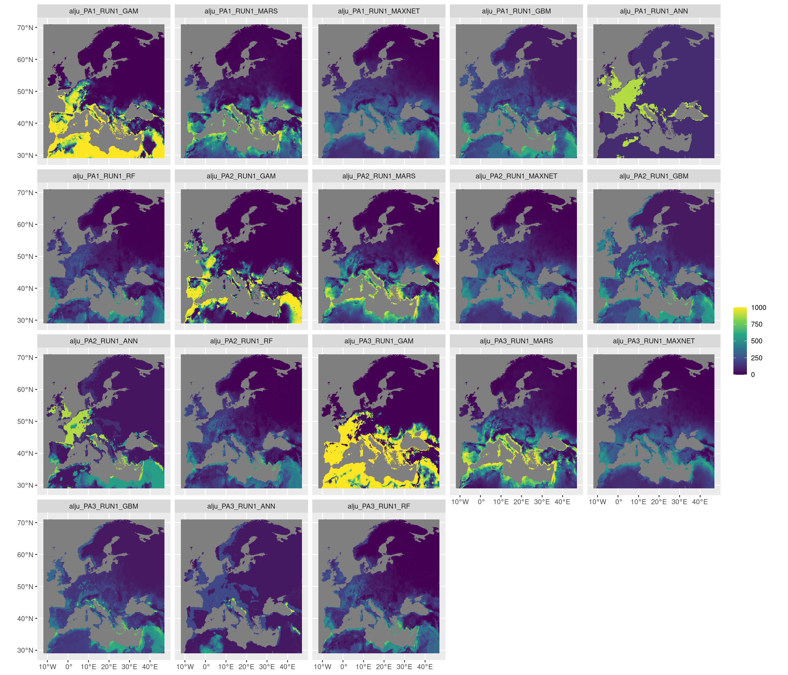 Projection de la distribution potentielle contemporaine sur l'Europe, selon les 6 algorithmes et les 3 runs.