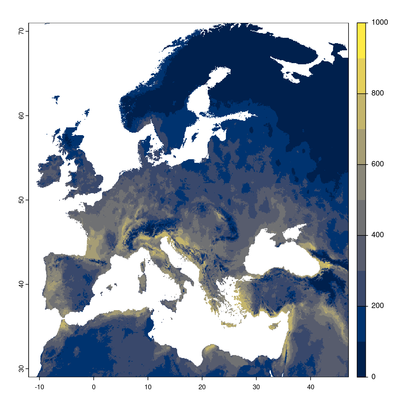 Projection des distributions potentielles futures jusqu'à l'horizon 2100 sous le scénario SSP1-2.6 (modèle d'ensemble).