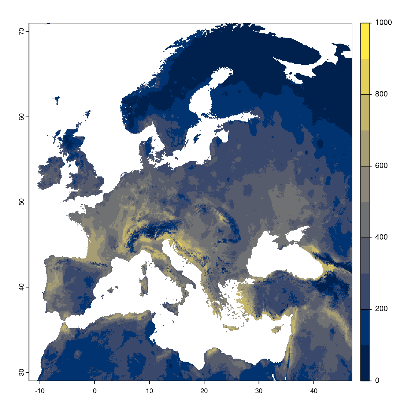 Projection des distributions potentielles futures jusqu'à l'horizon 2100 sous le scénario SSP2-4.5 (modèle d'ensemble).