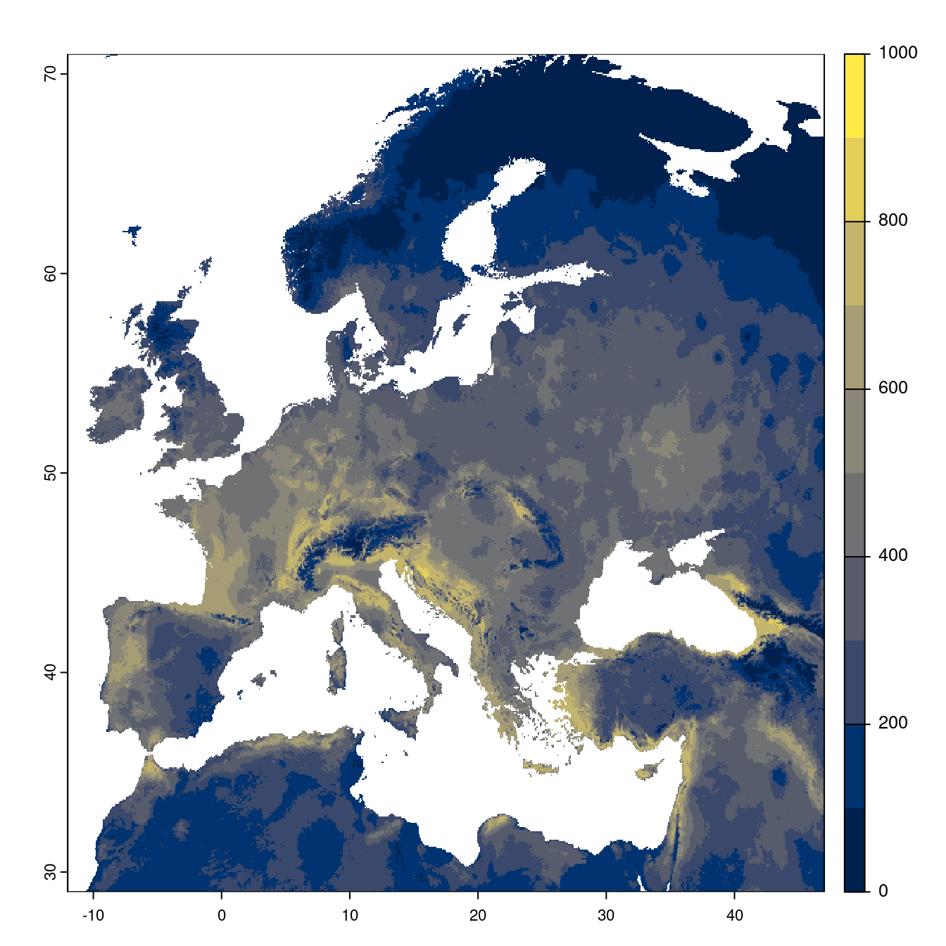 Projection des distributions potentielles futures jusqu'à l'horizon 2100 sous le scénario SSP2-4.5 (modèle d'ensemble).