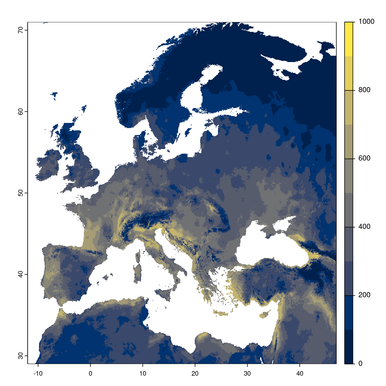Projection des distributions potentielles futures jusqu'à l'horizon 2100 sous le scénario SSP3-7.0 (modèle d'ensemble).