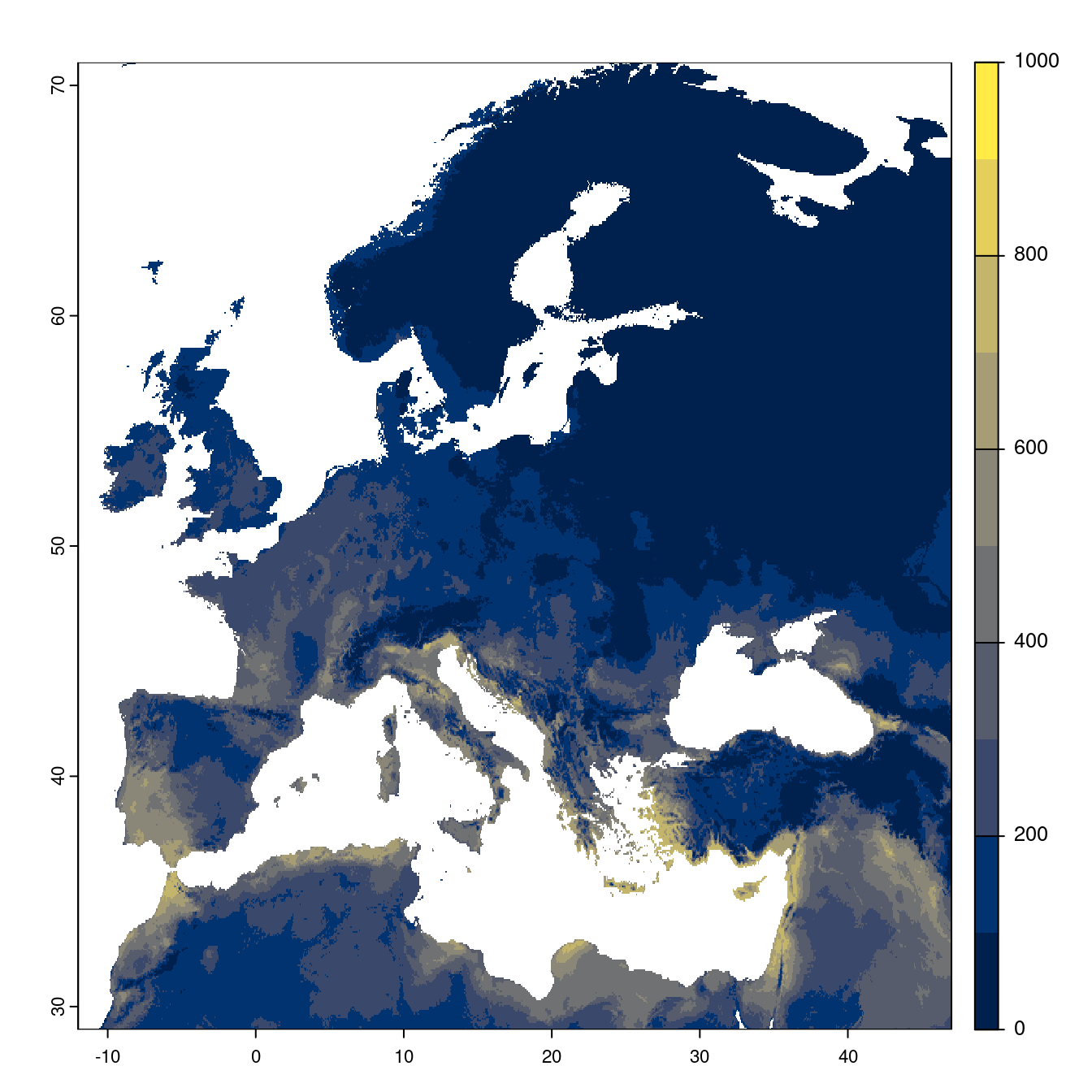 Projection des distributions potentielles futures jusqu'à l'horizon 2100 sous le scénario SSP5-8.5 (modèle d'ensemble).