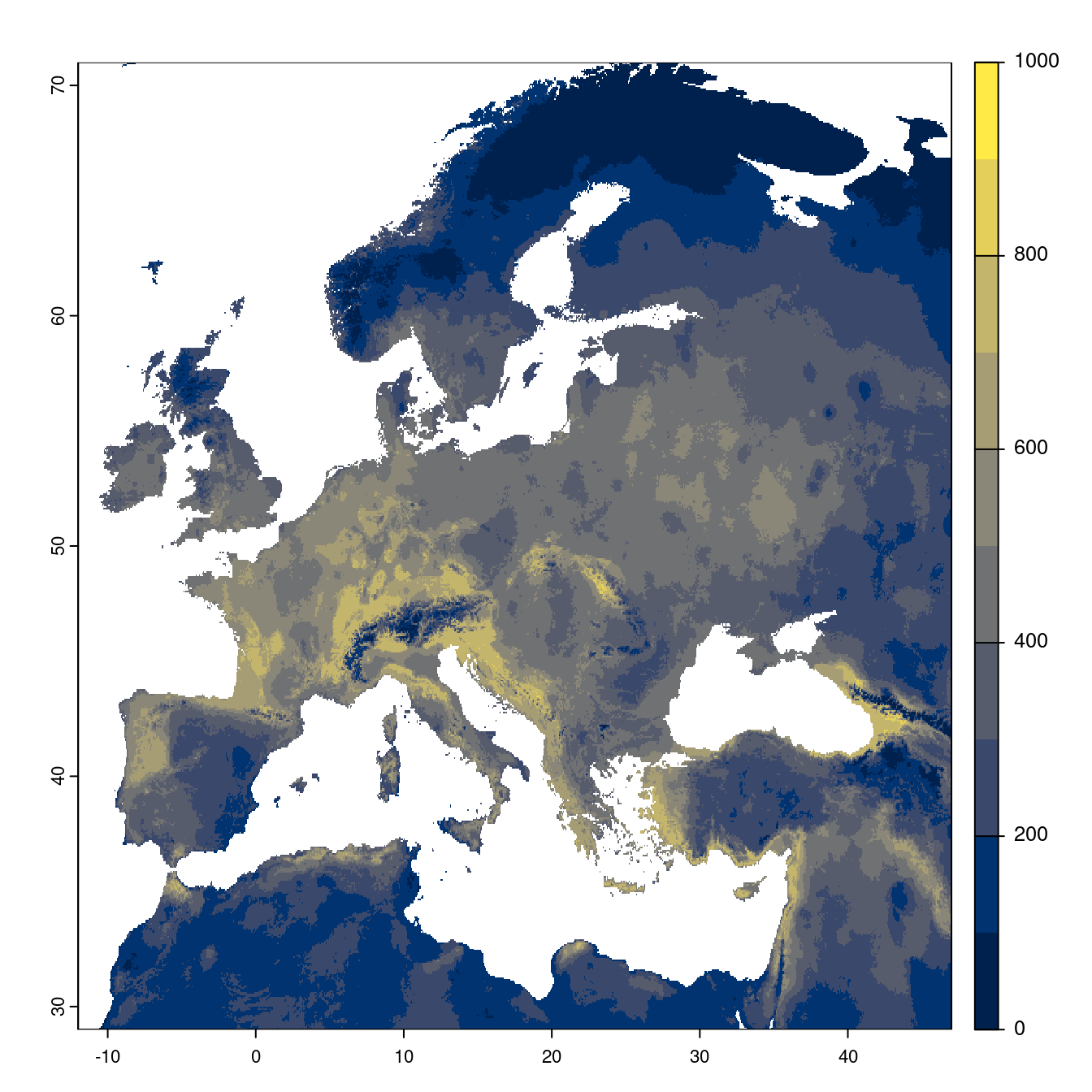 Projection des distributions potentielles futures jusqu'à l'horizon 2100 sous le scénario SSP5-8.5 (modèle d'ensemble).