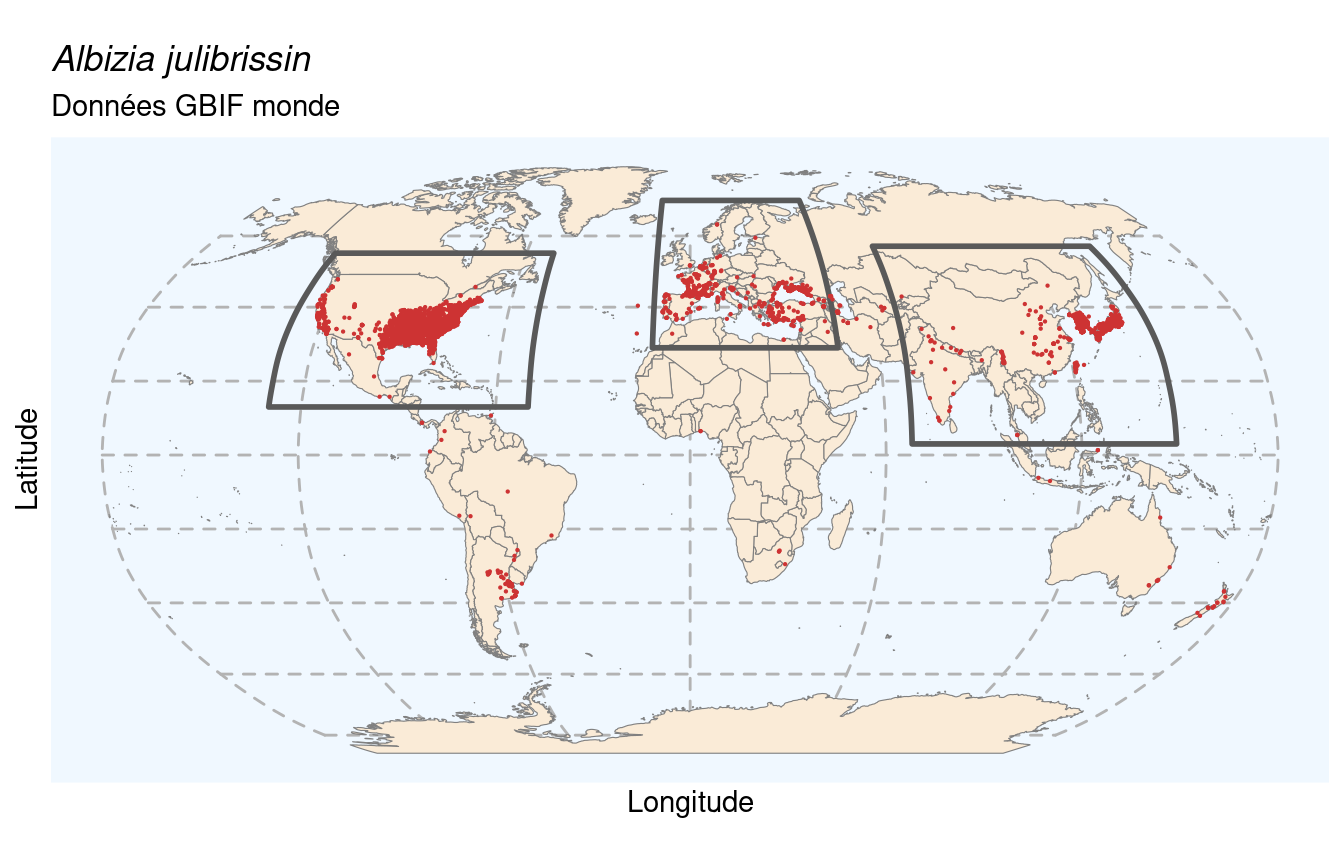 Occurrences de Albizia julibrissin dans le monde.