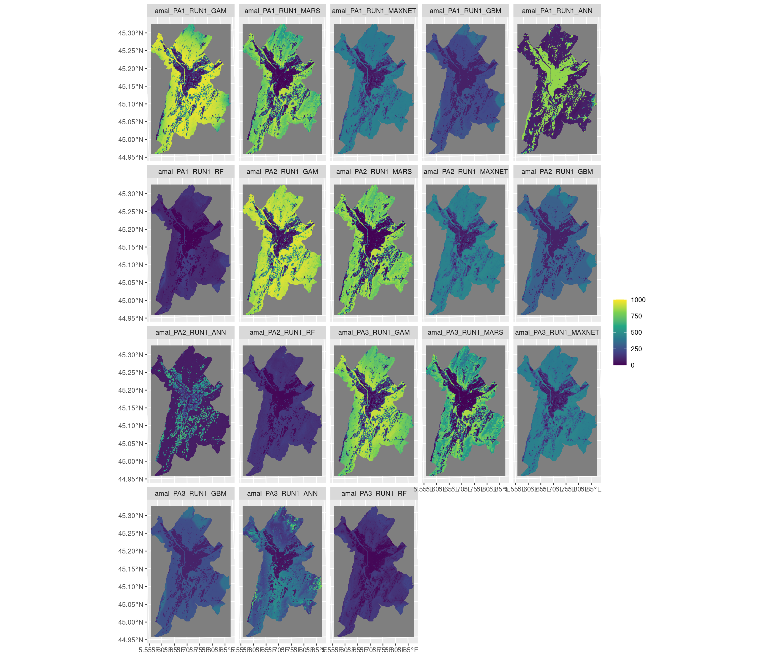 Projection de la distribution potentielle contemporaine sur la métropole de Grenoble, selon les 6 algorithmes et les 3 runs.