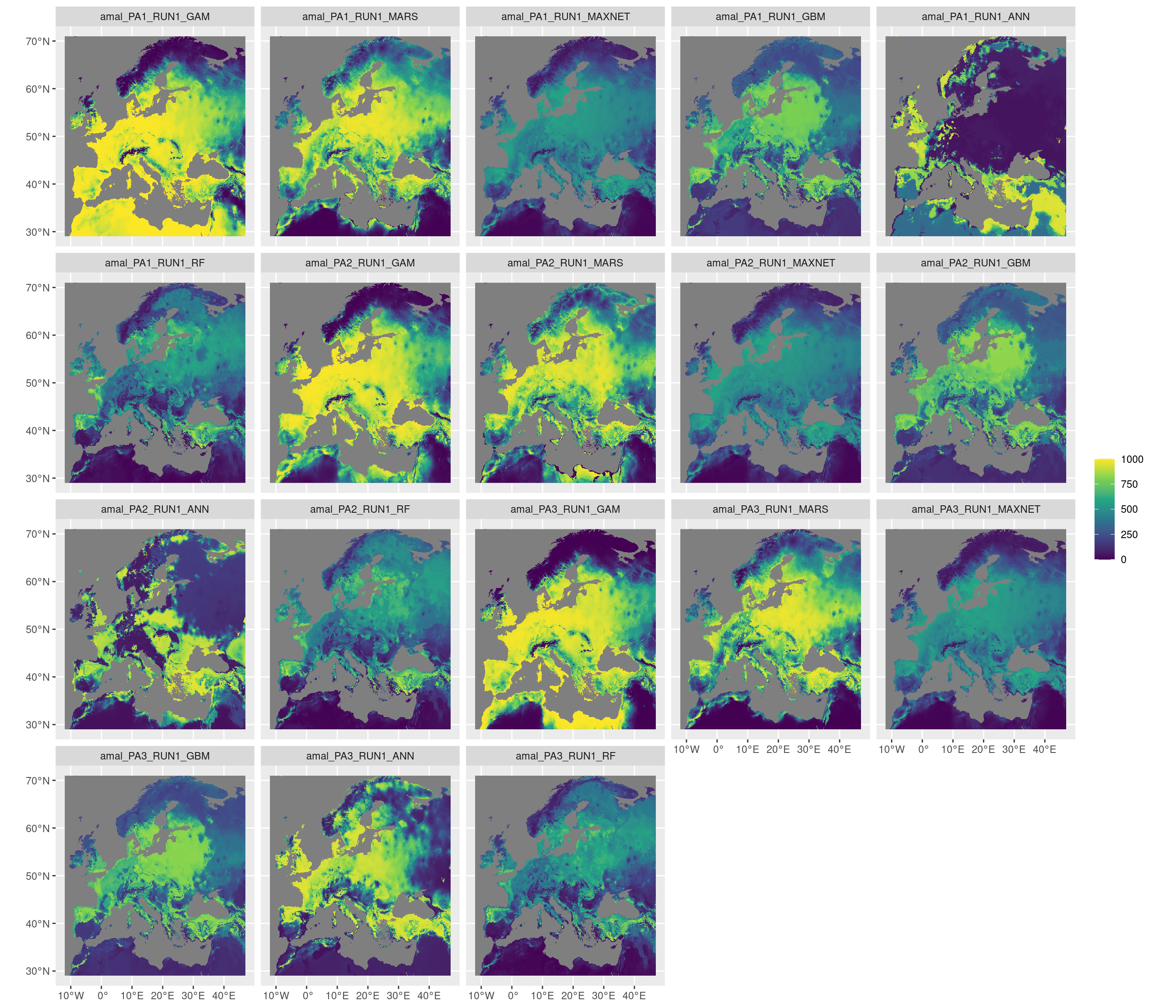 Projection de la distribution potentielle contemporaine sur l'Europe, selon les 6 algorithmes et les 3 runs.