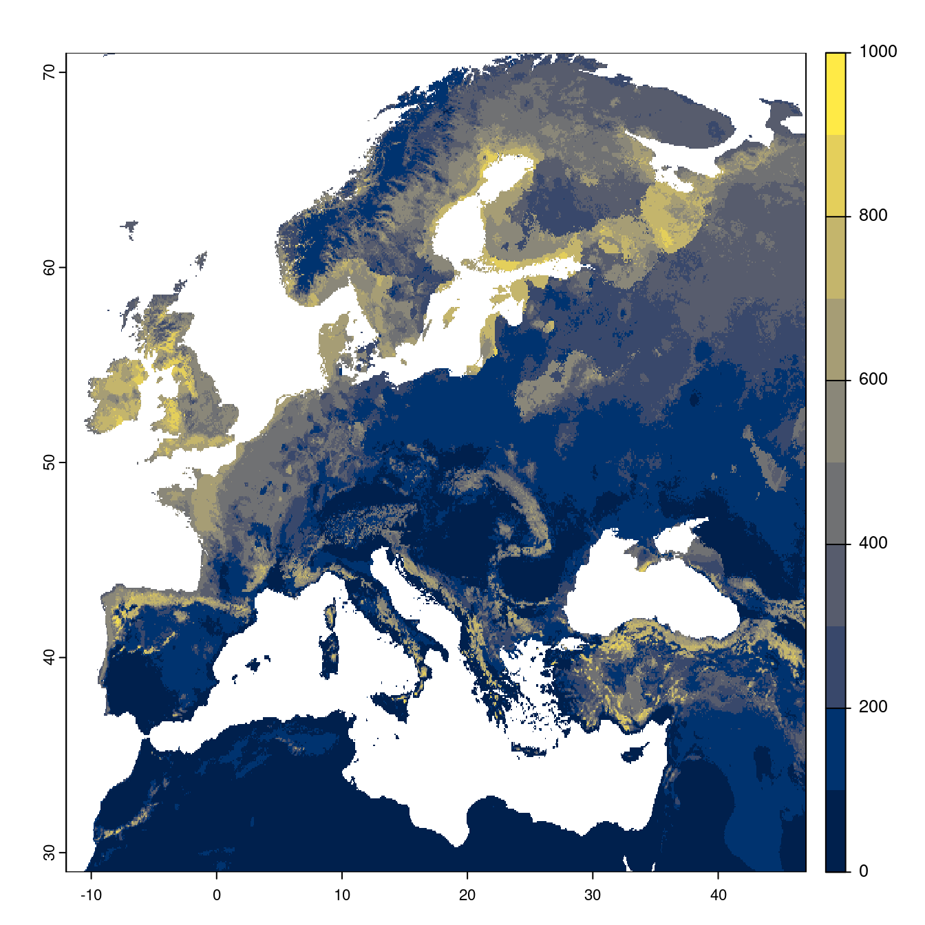 Projection des distributions potentielles futures jusqu'à l'horizon 2100 sous le scénario SSP1-2.6 (modèle d'ensemble).
