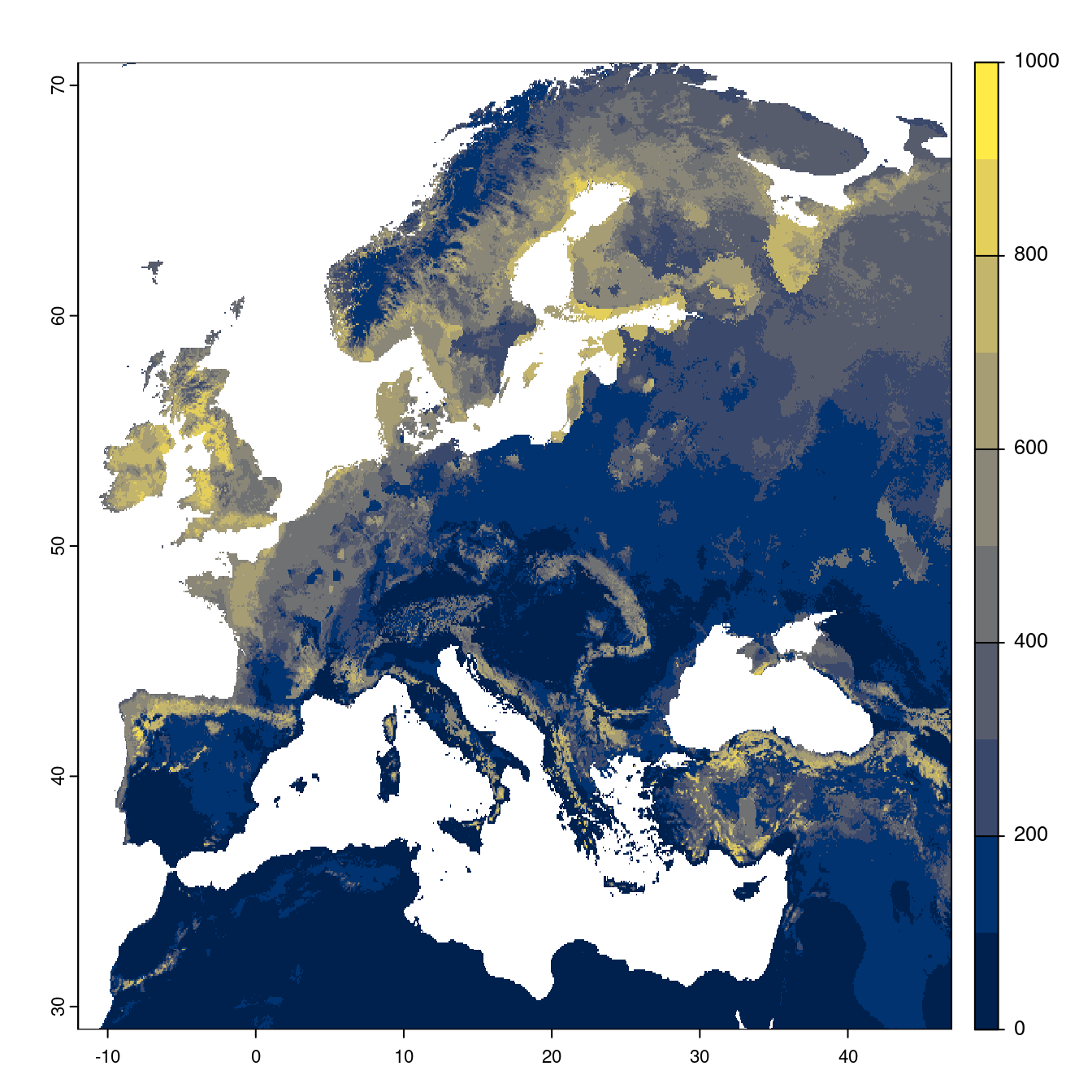 Projection des distributions potentielles futures jusqu'à l'horizon 2100 sous le scénario SSP1-2.6 (modèle d'ensemble).