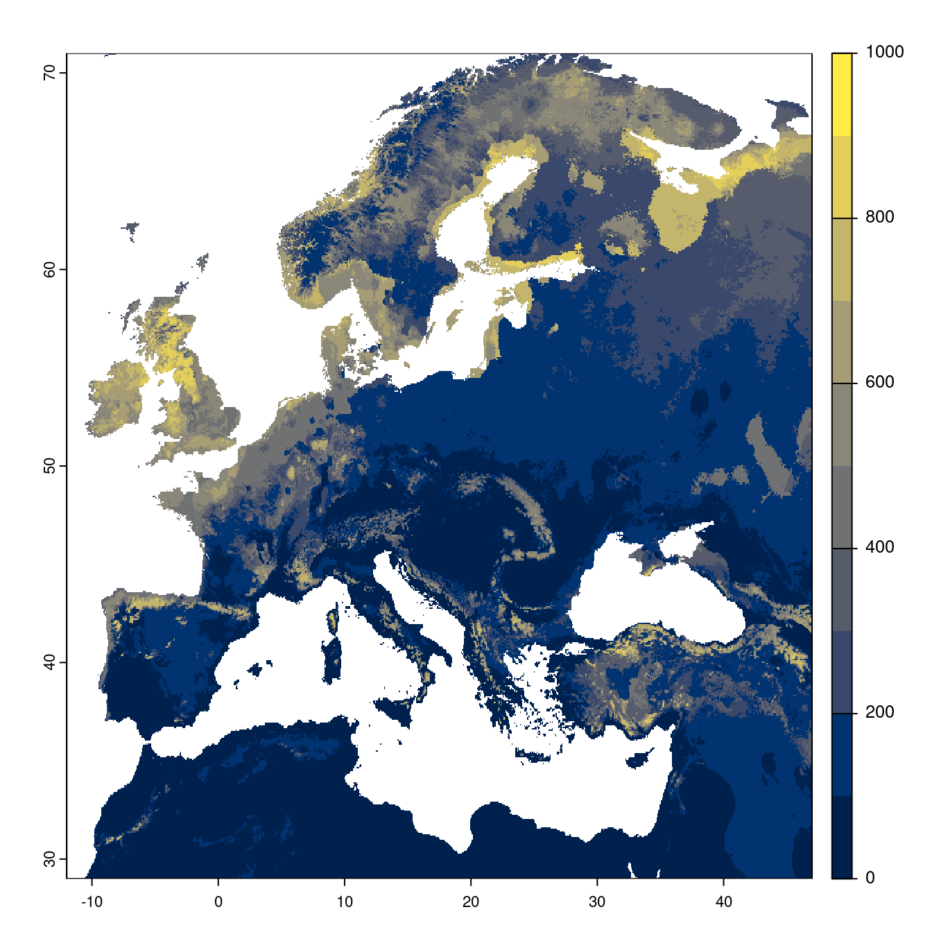 Projection des distributions potentielles futures jusqu'à l'horizon 2100 sous le scénario SSP2-4.5 (modèle d'ensemble).