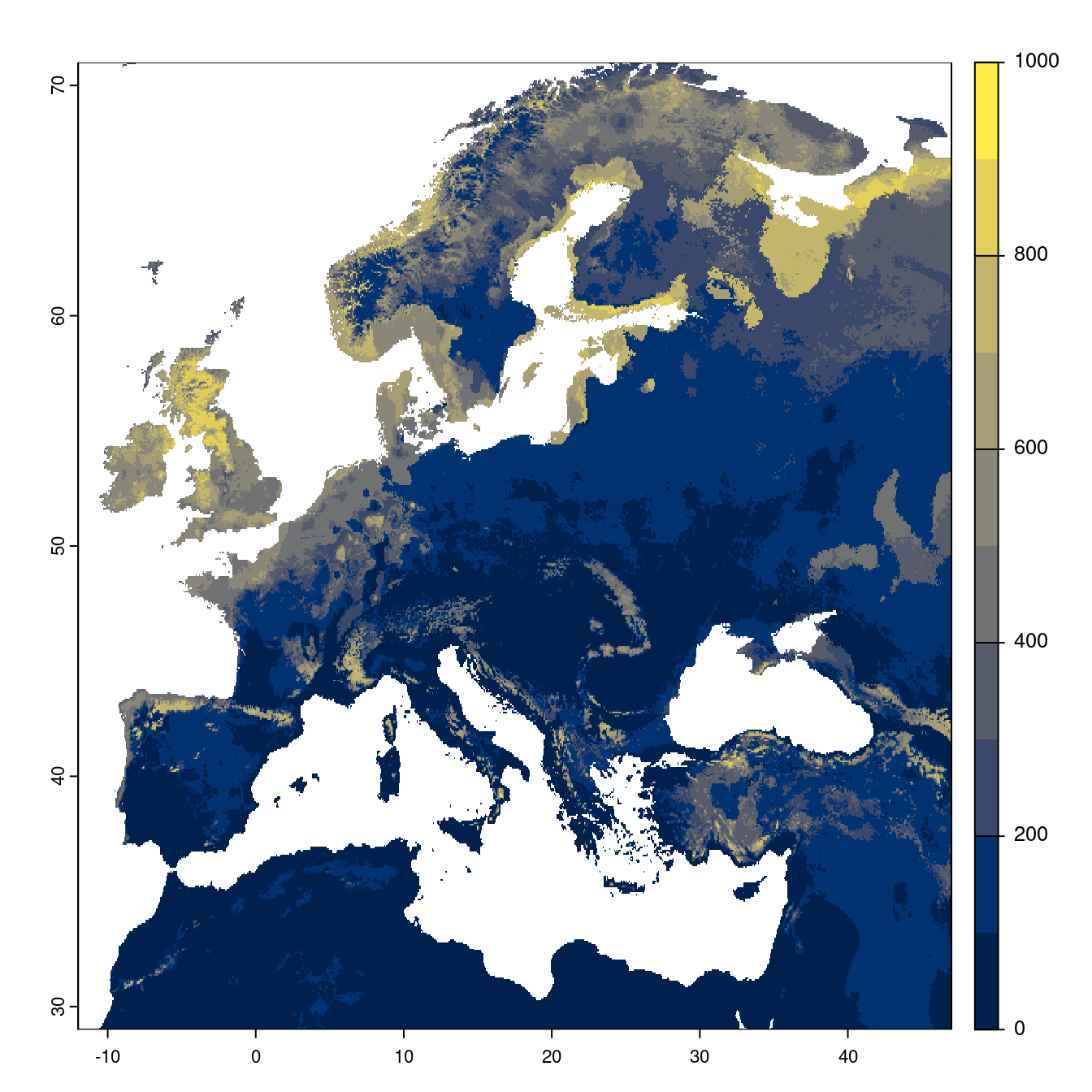 Projection des distributions potentielles futures jusqu'à l'horizon 2100 sous le scénario SSP2-4.5 (modèle d'ensemble).