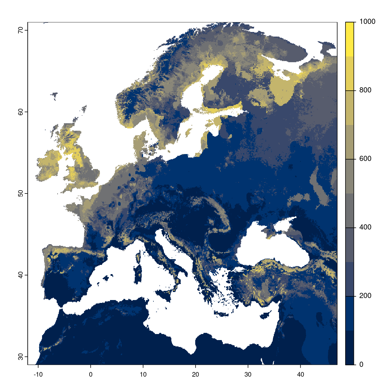Projection des distributions potentielles futures jusqu'à l'horizon 2100 sous le scénario SSP3-7.0 (modèle d'ensemble).