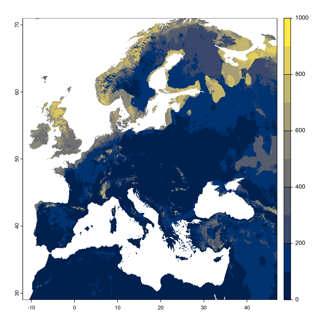 Projection des distributions potentielles futures jusqu'à l'horizon 2100 sous le scénario SSP3-7.0 (modèle d'ensemble).