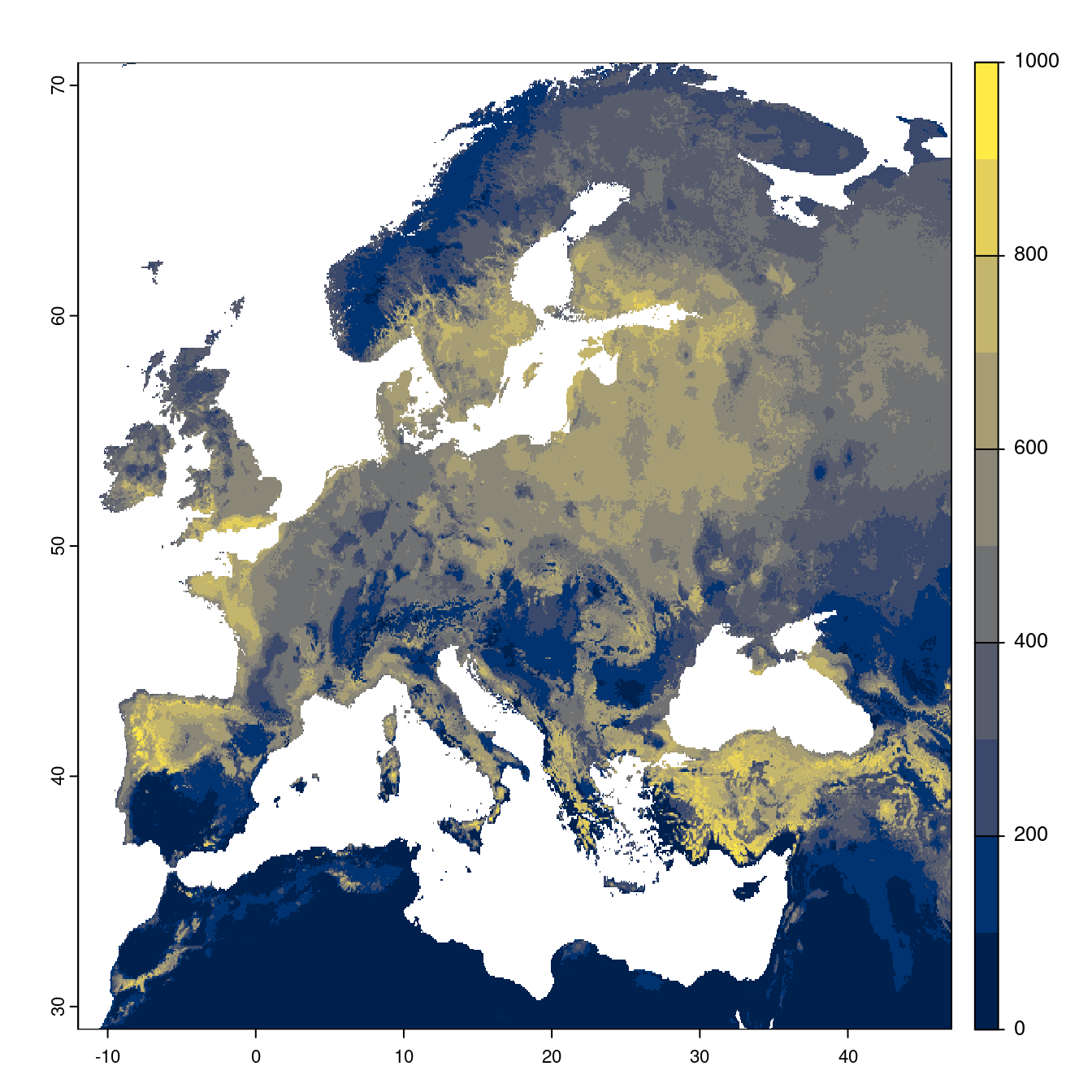 Projection des distributions potentielles futures jusqu'à l'horizon 2100 sous le scénario SSP5-8.5 (modèle d'ensemble).