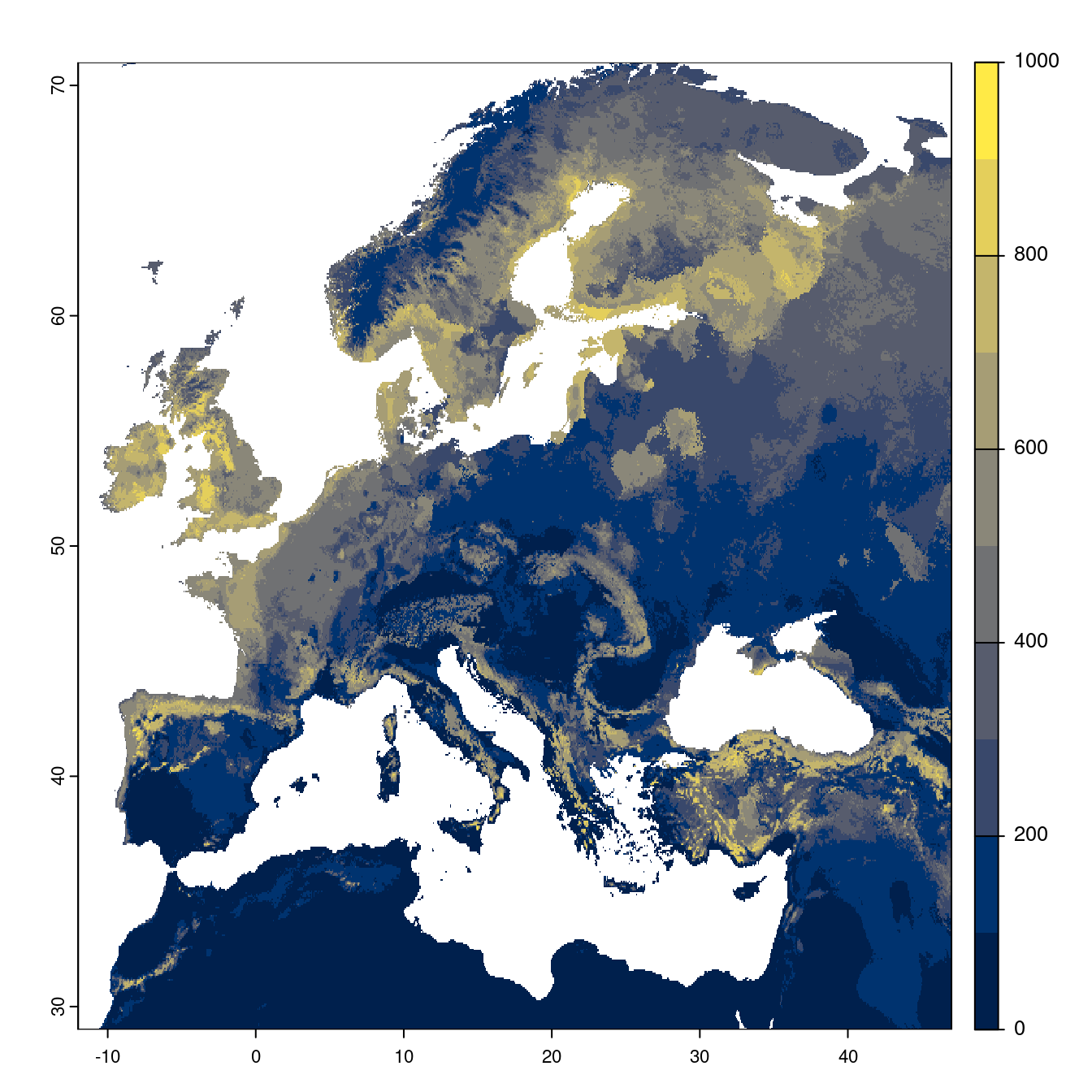 Projection des distributions potentielles futures jusqu'à l'horizon 2100 sous le scénario SSP5-8.5 (modèle d'ensemble).