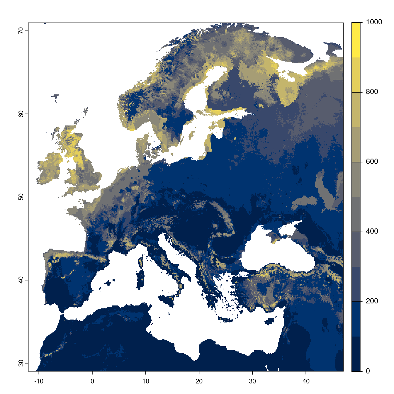 Projection des distributions potentielles futures jusqu'à l'horizon 2100 sous le scénario SSP5-8.5 (modèle d'ensemble).