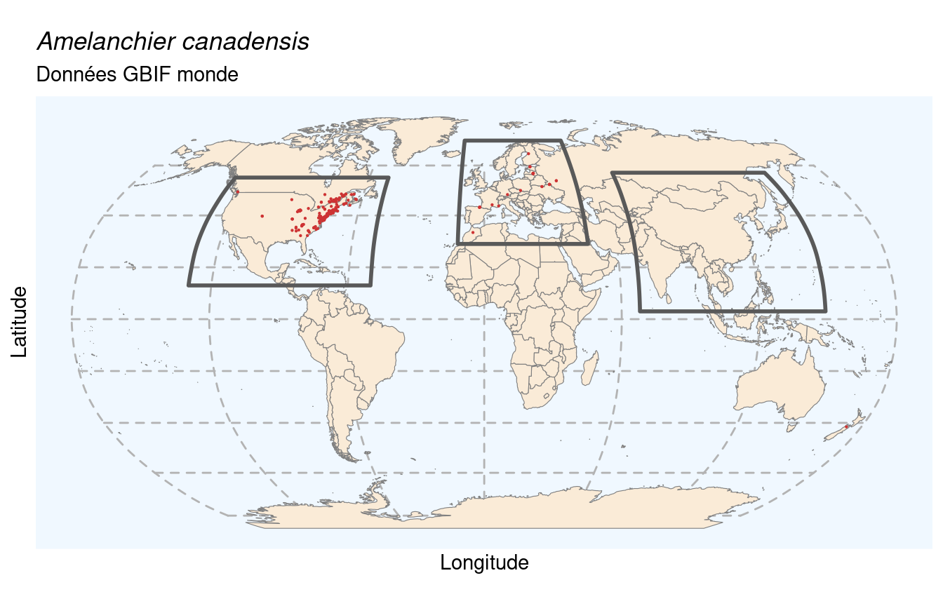 Occurrences de Amelanchier canadensis dans le monde.