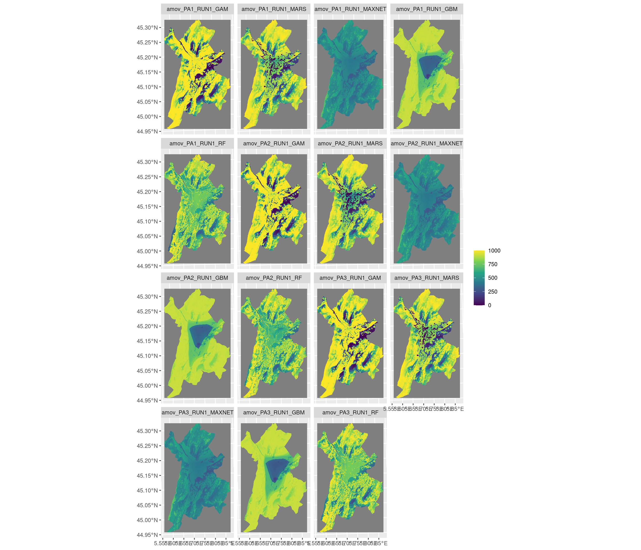 Projection de la distribution potentielle contemporaine sur la métropole de Grenoble, selon les 6 algorithmes et les 3 runs.