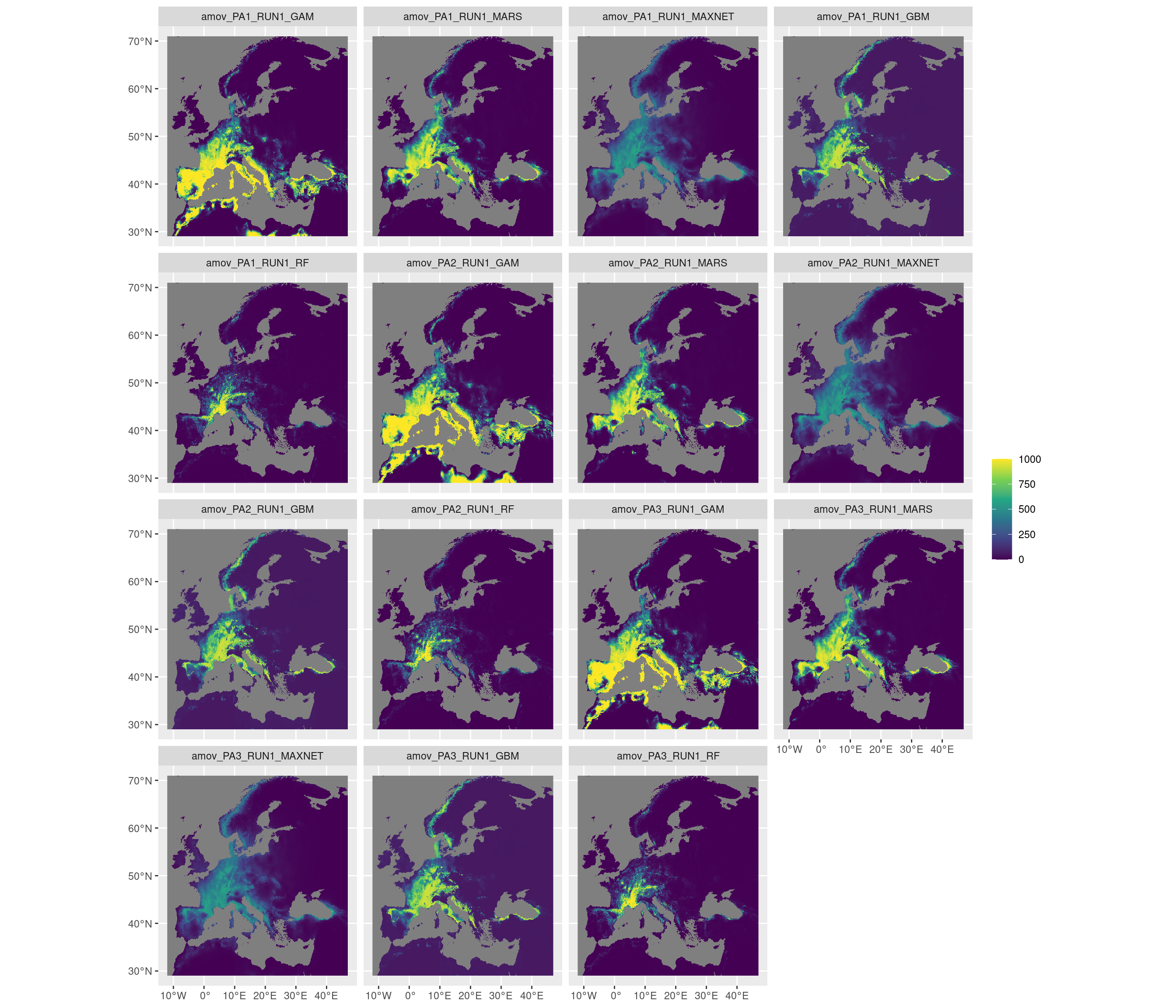 Projection de la distribution potentielle contemporaine sur l'Europe, selon les 6 algorithmes et les 3 runs.
