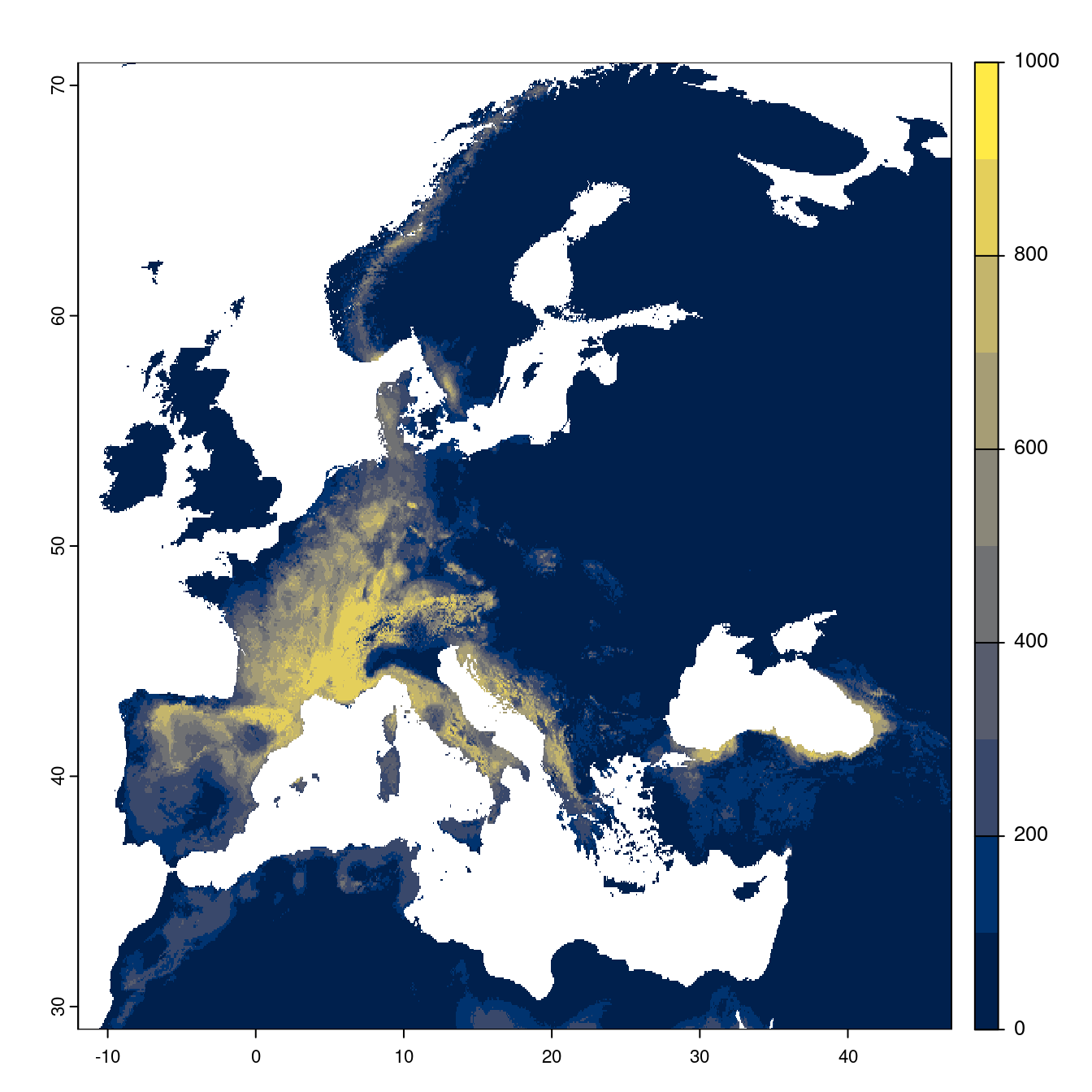 Projection des distributions potentielles futures jusqu'à l'horizon 2100 sous le scénario SSP3-7.0 (modèle d'ensemble).