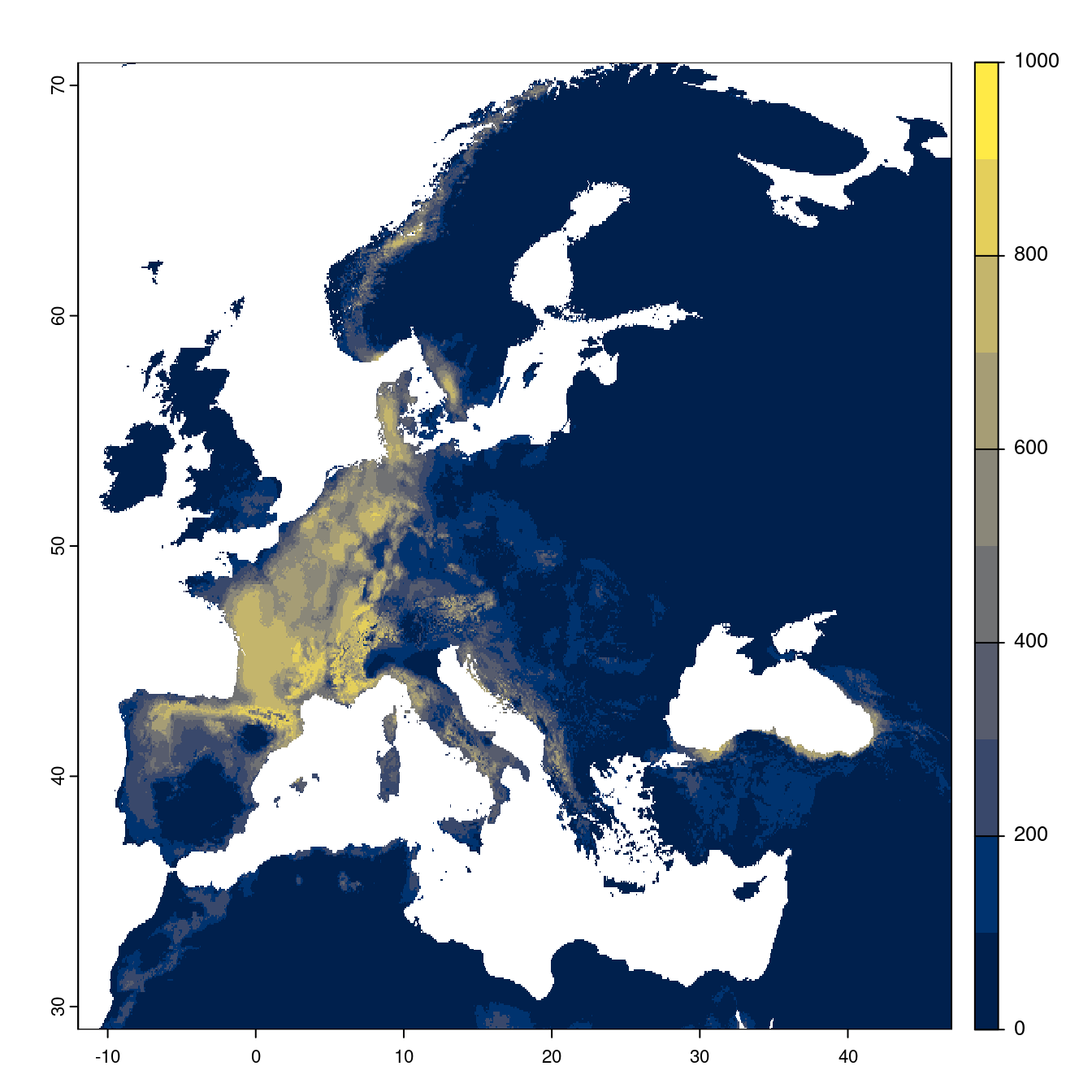 Projection des distributions potentielles futures jusqu'à l'horizon 2100 sous le scénario SSP3-7.0 (modèle d'ensemble).