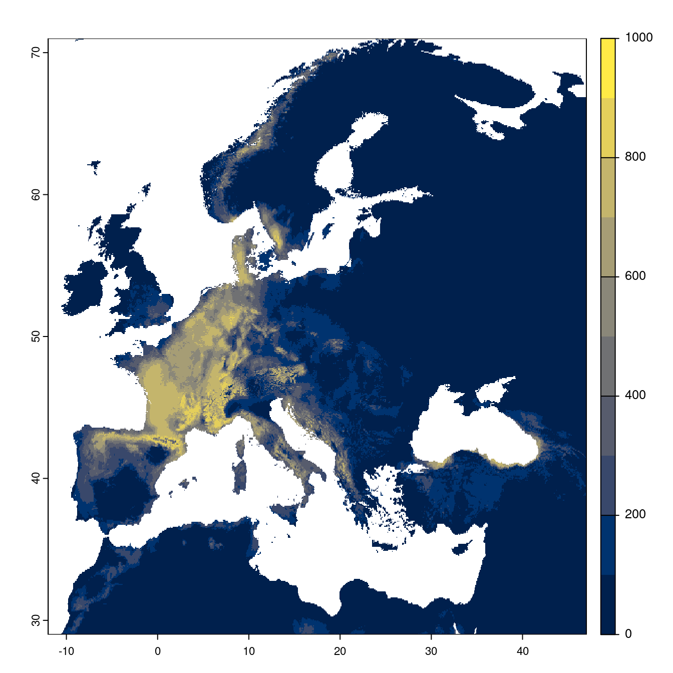 Projection des distributions potentielles futures jusqu'à l'horizon 2100 sous le scénario SSP5-8.5 (modèle d'ensemble).