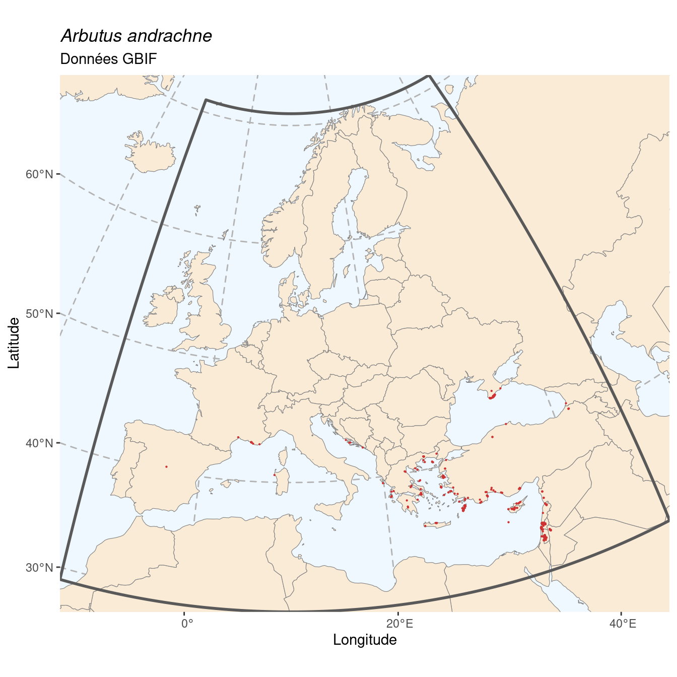 Occurrence de Arbutus andrachne dans la région d'endémisme.