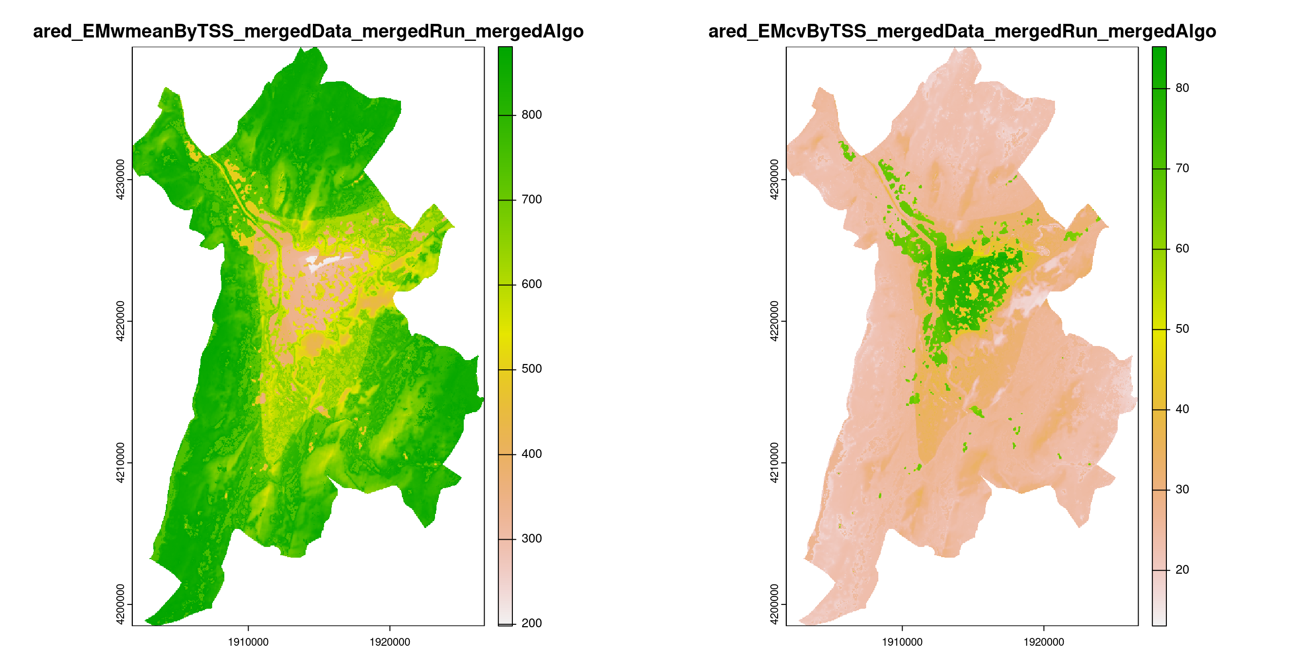 A) Projection de la distribution potentielle contemporaine (modèle d'ensemble) sur la métropole de Grenoble ; B) Incertitude associée à la projection.