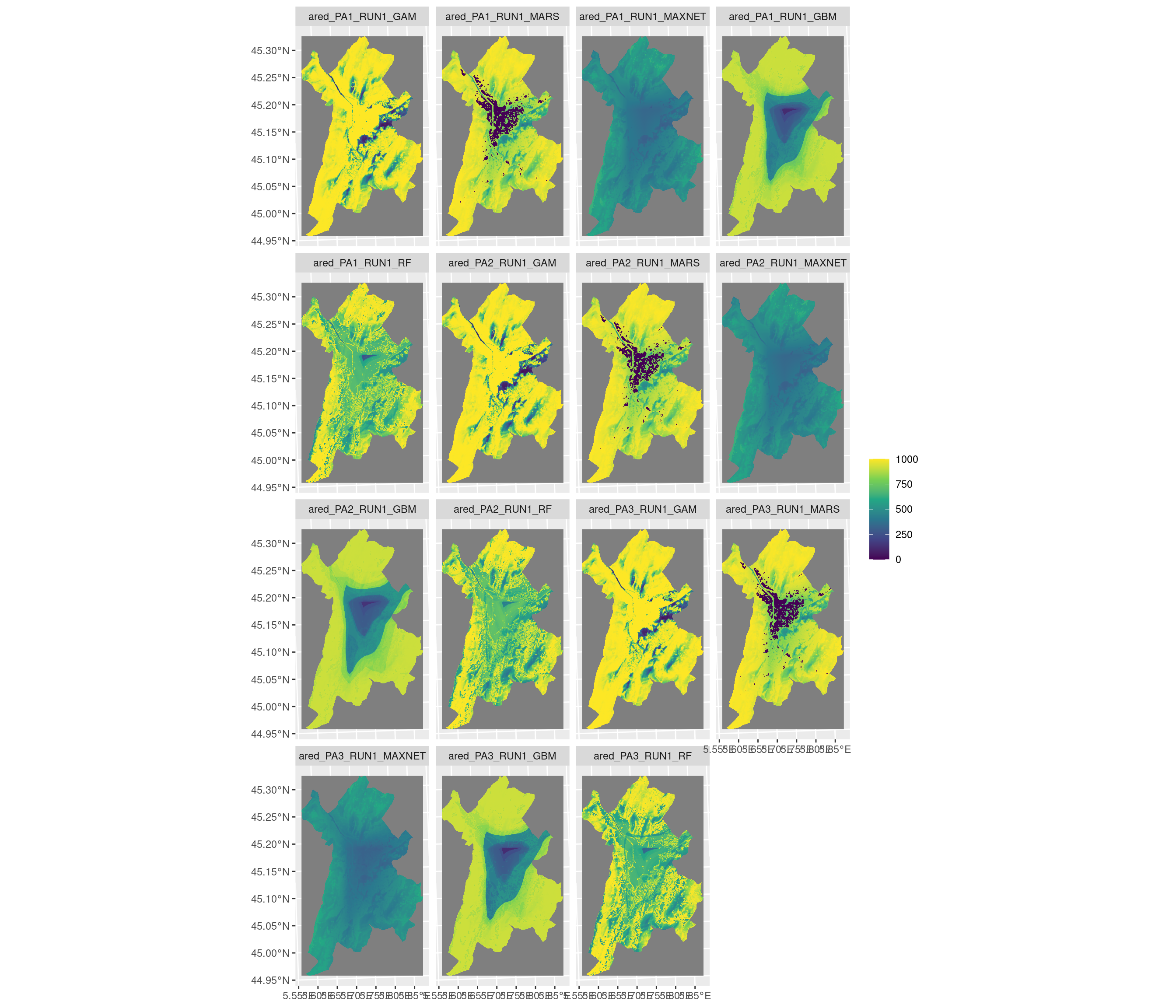 Projection de la distribution potentielle contemporaine sur la métropole de Grenoble, selon les 6 algorithmes et les 3 runs.