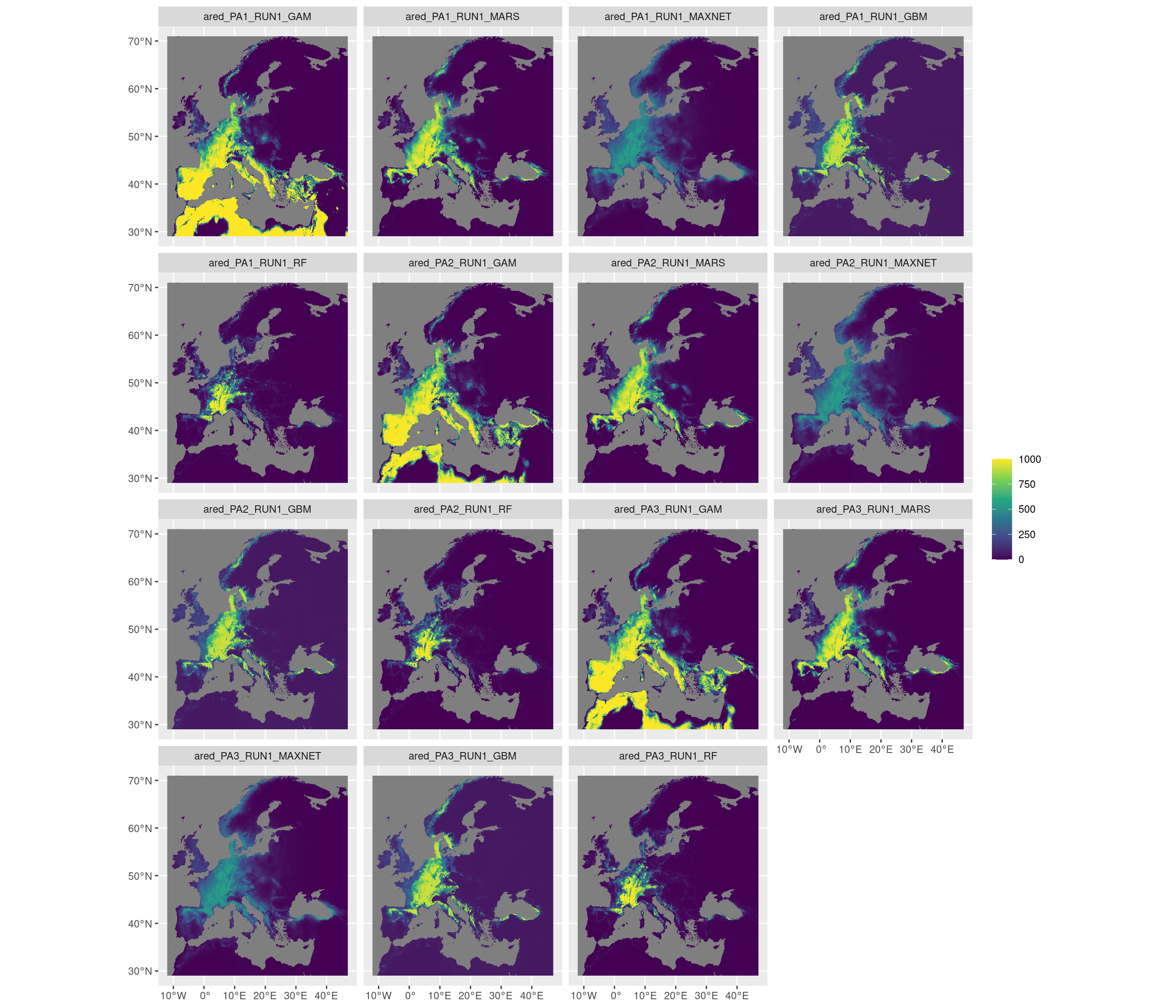 Projection de la distribution potentielle contemporaine sur l'Europe, selon les 6 algorithmes et les 3 runs.