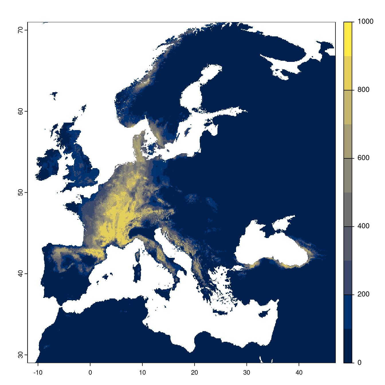 Projection des distributions potentielles futures jusqu'à l'horizon 2100 sous le scénario SSP3-7.0 (modèle d'ensemble).