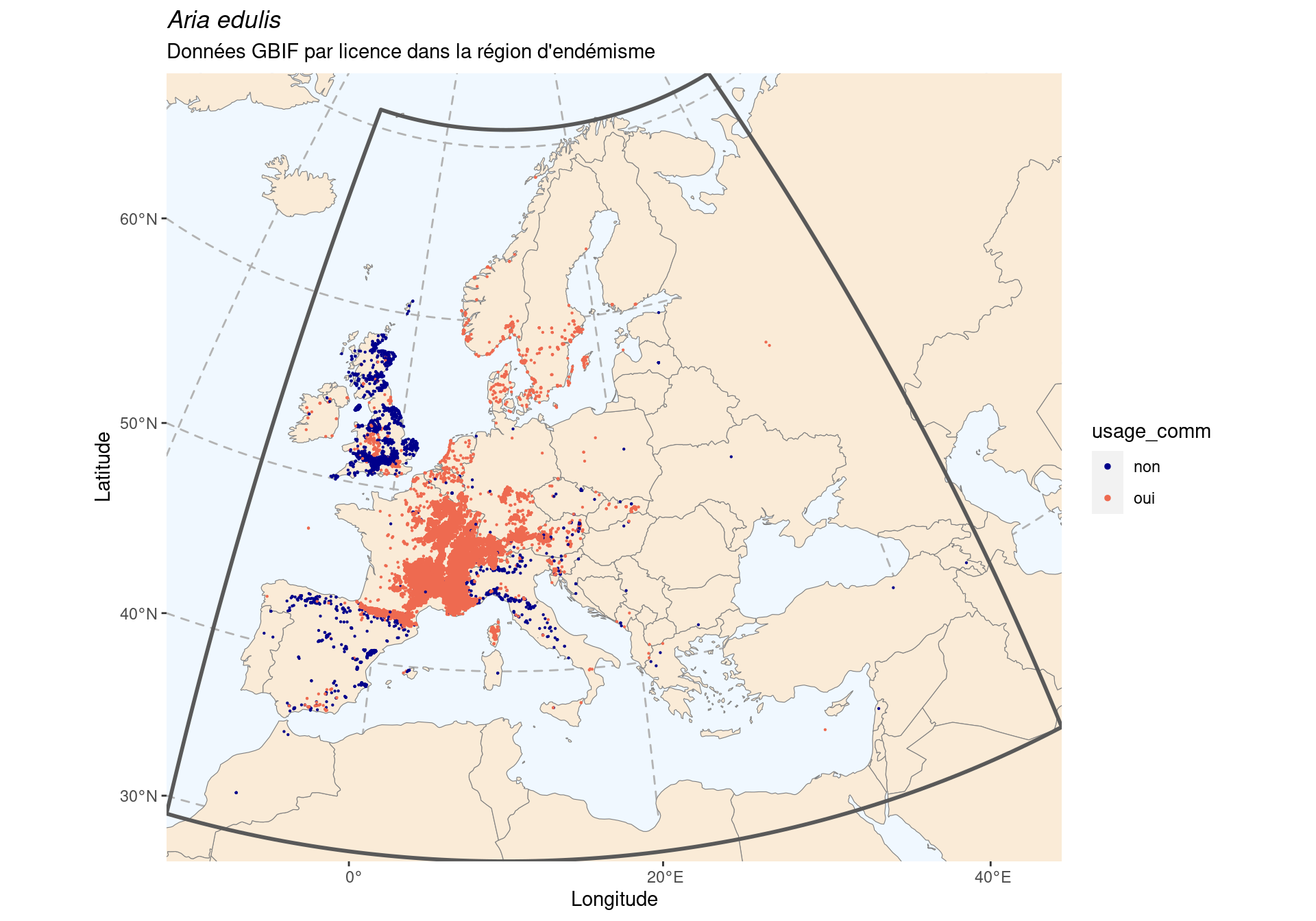 Occurrence de Aria edulis dans la région d'endémisme, selon la licence : CC BY-NC en bleu ; CC0 et CC BY en orange.