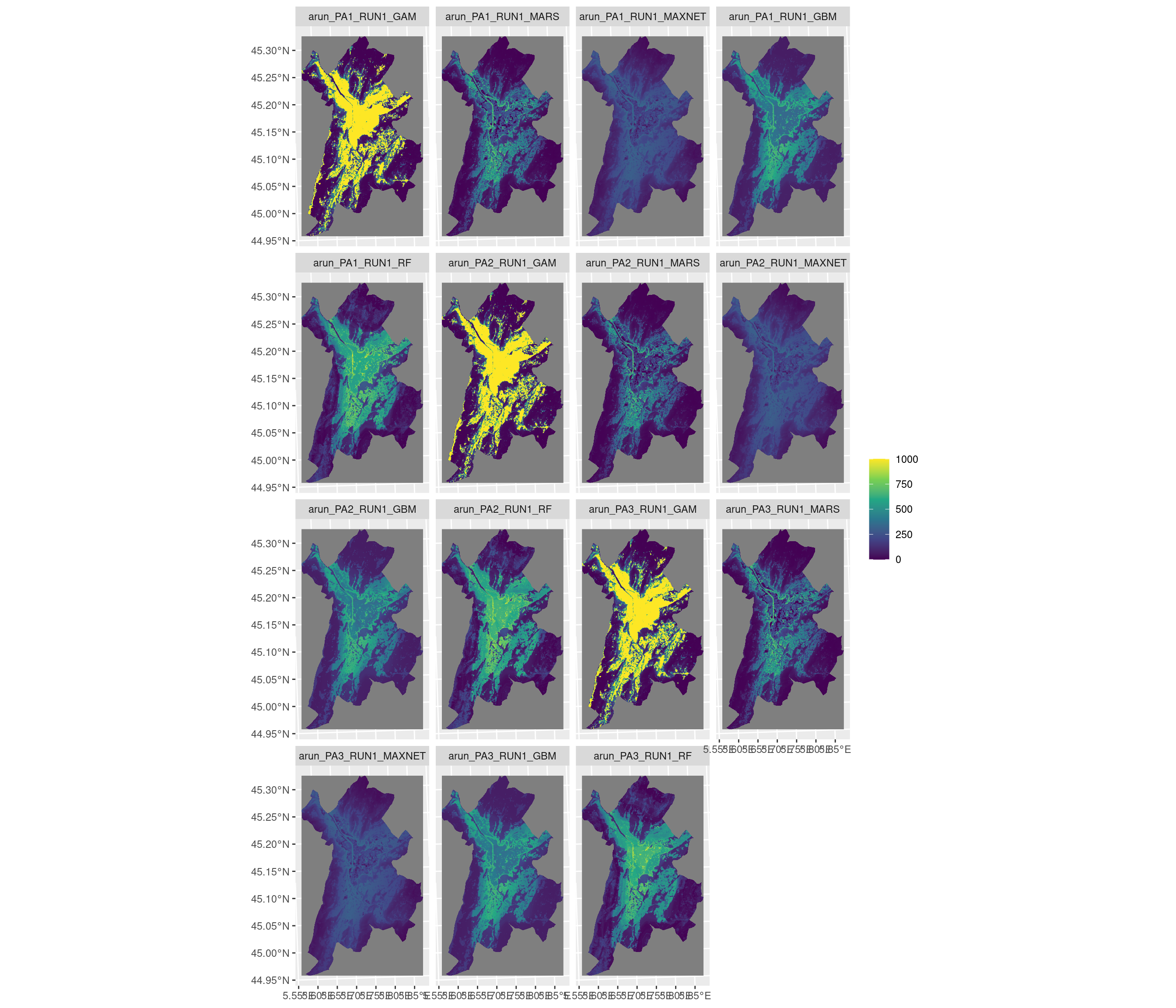 Projection de la distribution potentielle contemporaine sur la métropole de Grenoble, selon les 6 algorithmes et les 3 runs.