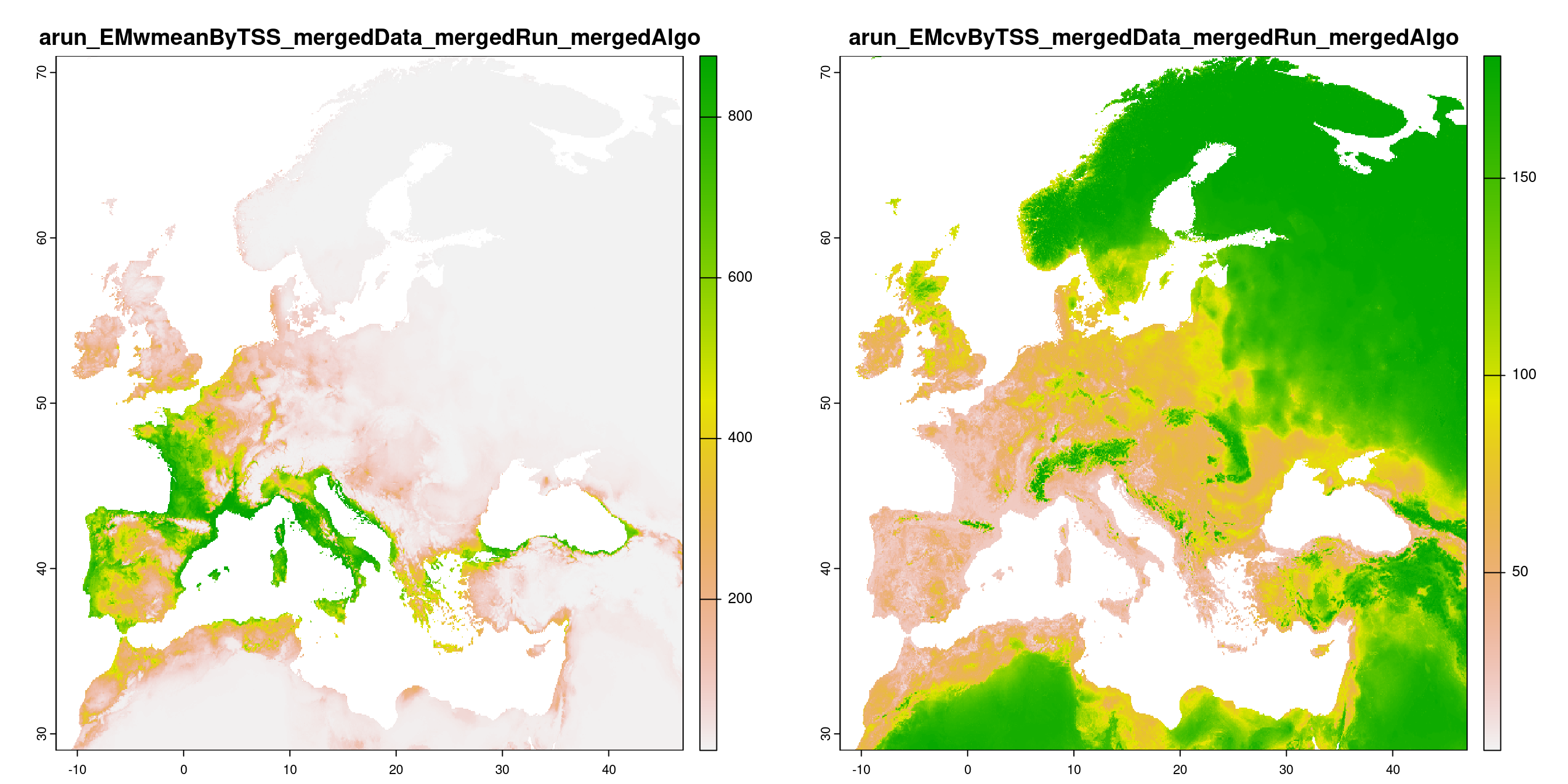 A) Projection de la distribution potentielle contemporaine (modèle d'ensemble) ; B) Incertitude associée à la projection.