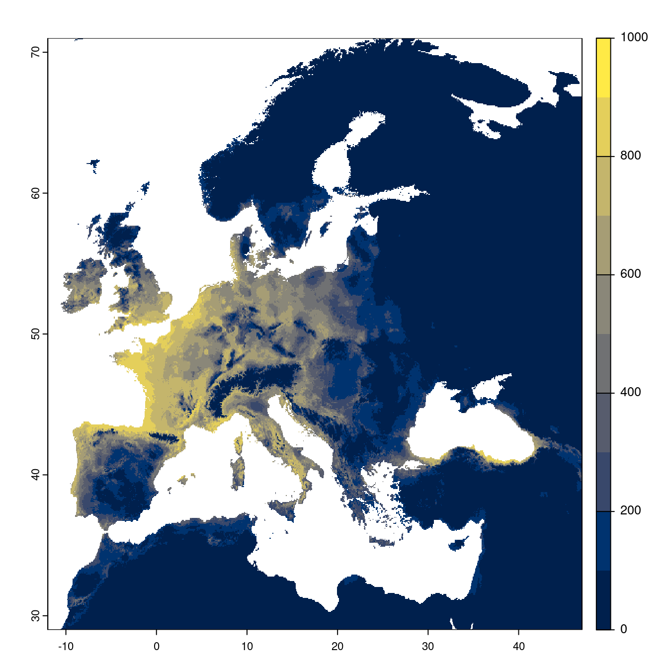Projection des distributions potentielles futures jusqu'à l'horizon 2100 sous le scénario SSP2-4.5 (modèle d'ensemble).