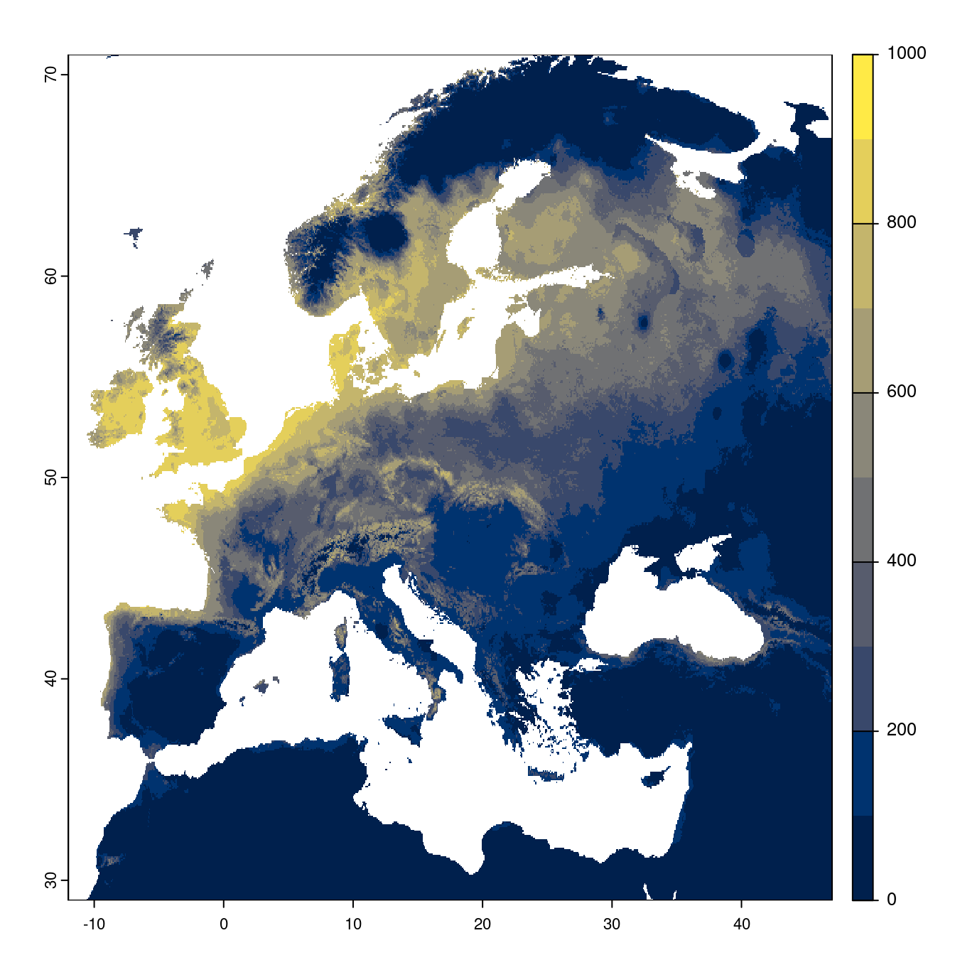 Projection des distributions potentielles futures jusqu'à l'horizon 2100 sous le scénario SSP5-8.5 (modèle d'ensemble).