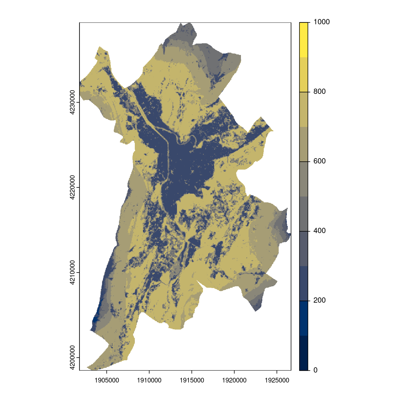 Projection des distributions potentielles contemporaine et futures jusqu'à l'horizon 2100 sous le scénario SSP5-8.5 (modèle d'ensemble, GCM IPSL).