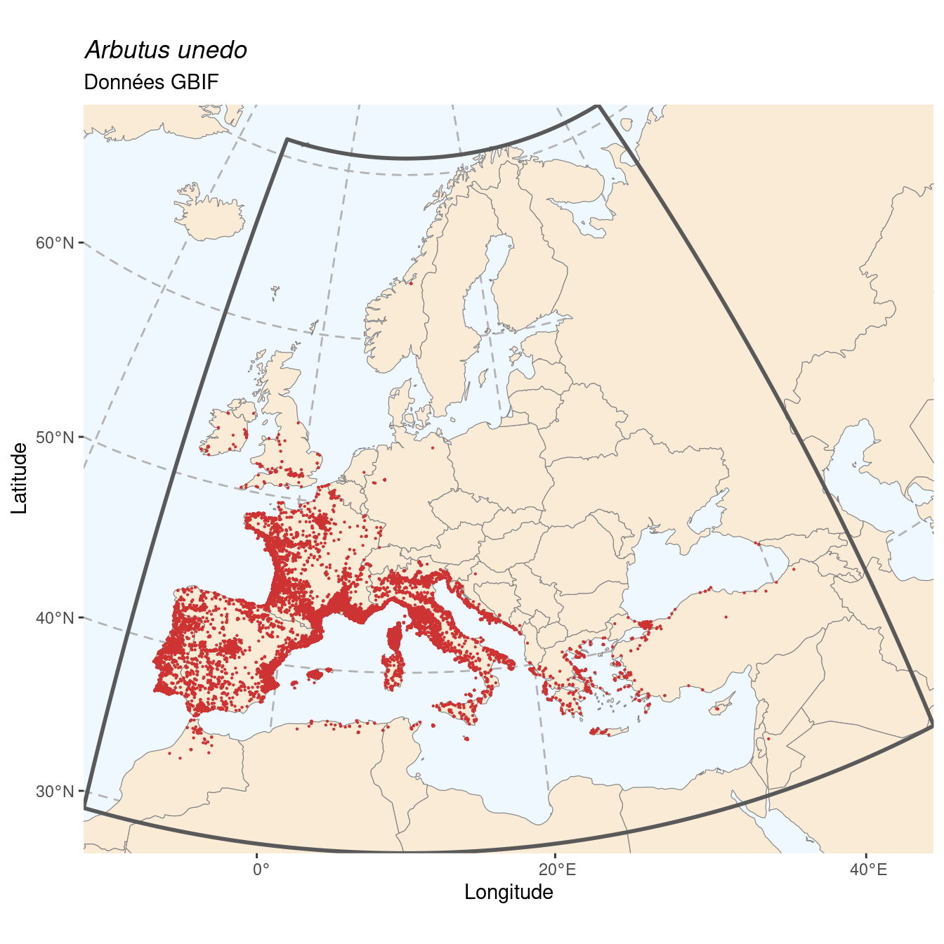 Occurrence de Arbutus unedo dans la région d'endémisme.