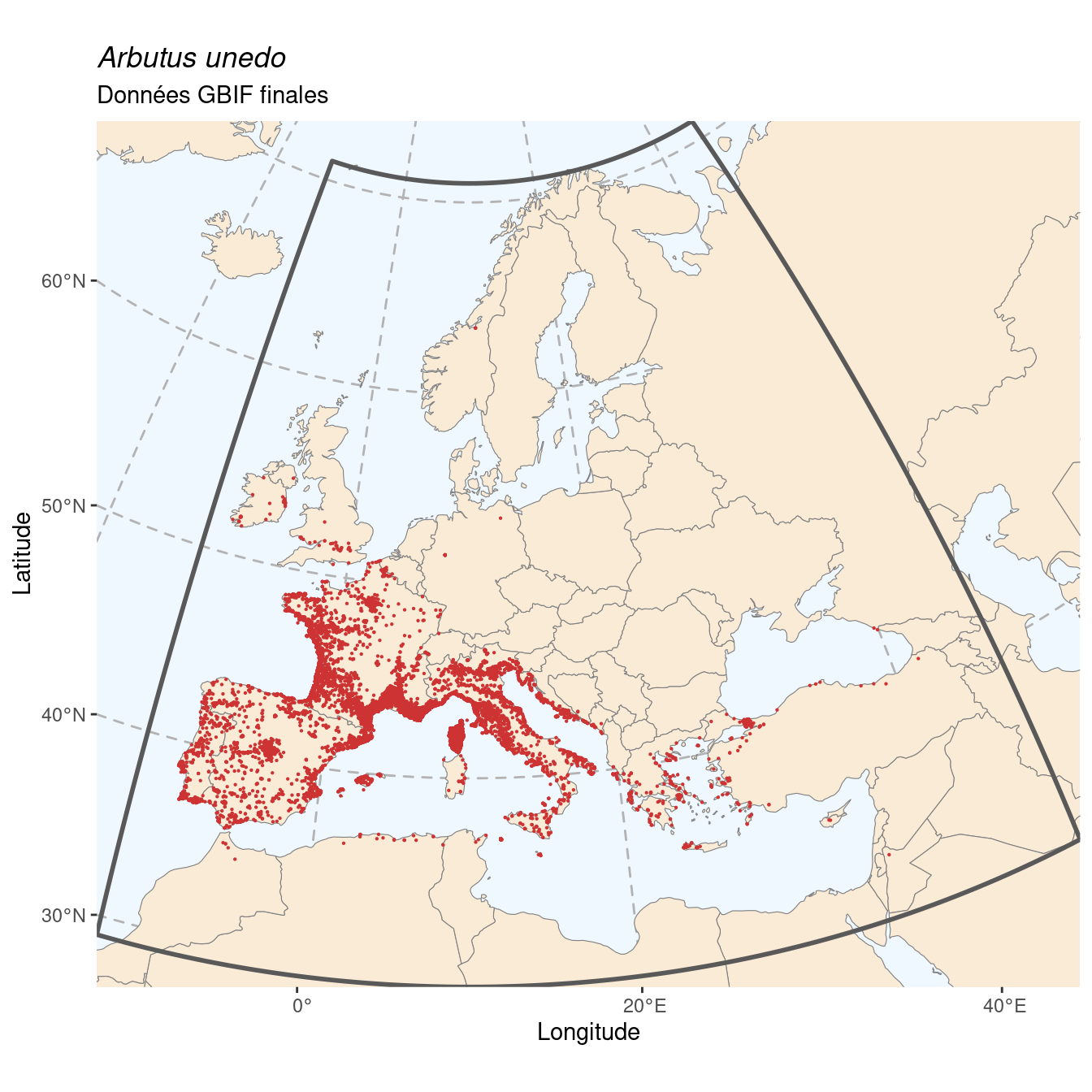 Occurrence de Arbutus unedo dans la région d'endémisme après sous-échantillonnage éventuel.