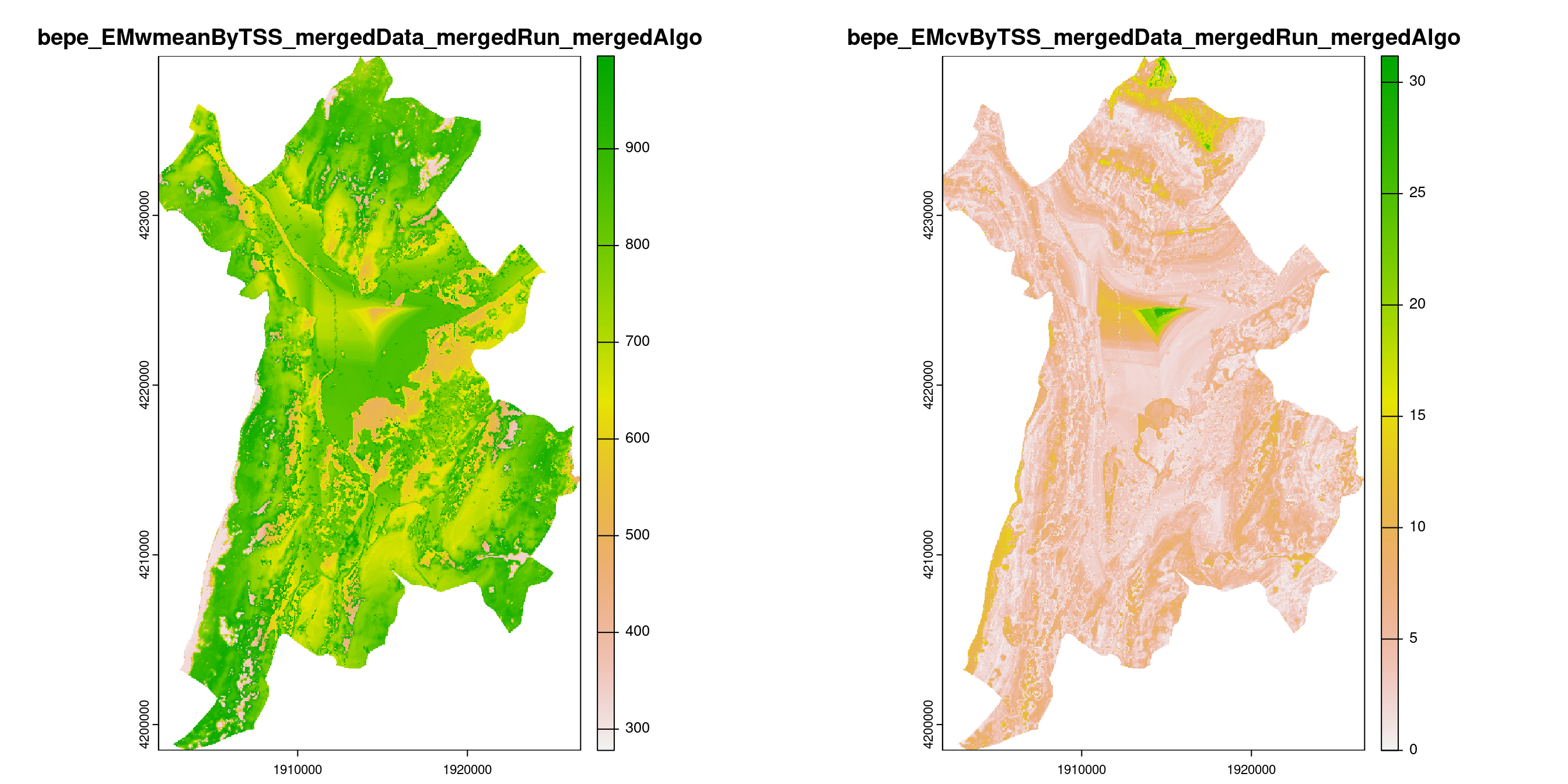 A) Projection de la distribution potentielle contemporaine (modèle d'ensemble) sur la métropole de Grenoble ; B) Incertitude associée à la projection.