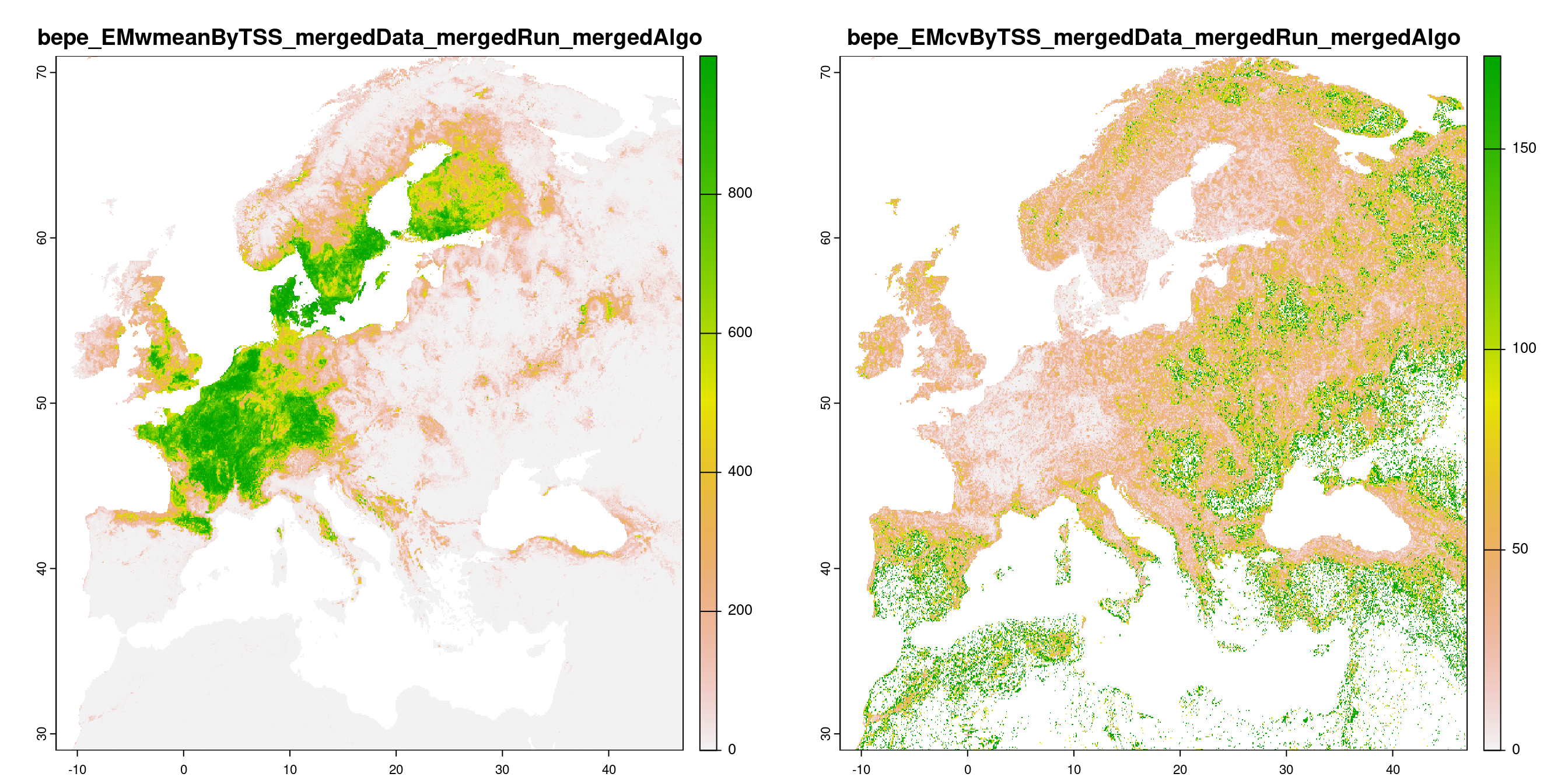 A) Projection de la distribution potentielle contemporaine (modèle d'ensemble) ; B) Incertitude associée à la projection.