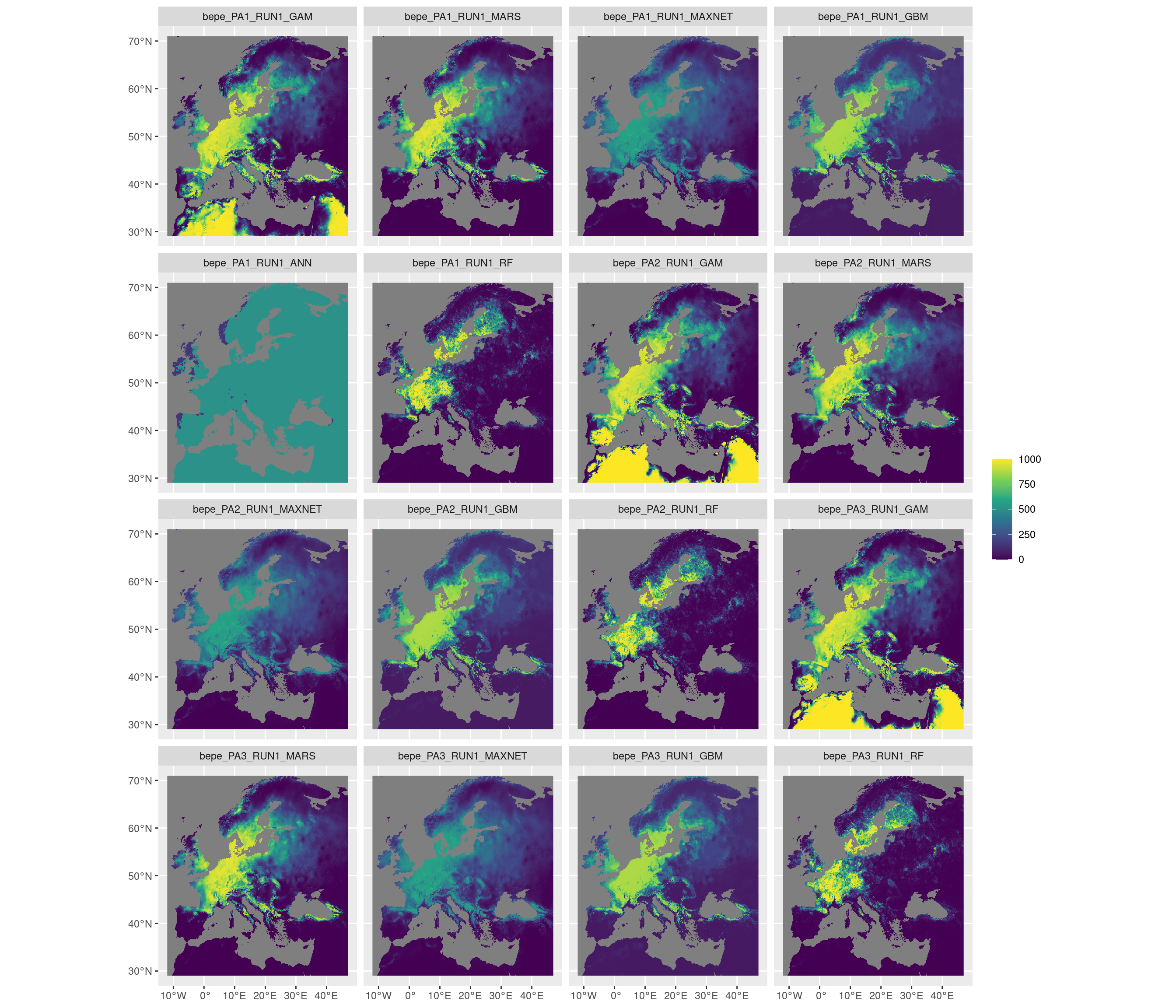 Projection de la distribution potentielle contemporaine sur l'Europe, selon les 6 algorithmes et les 3 runs.