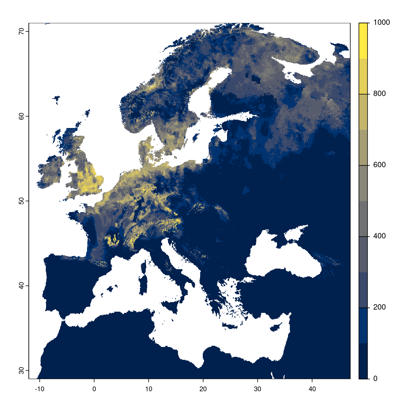 Projection des distributions potentielles futures jusqu'à l'horizon 2100 sous le scénario SSP1-2.6 (modèle d'ensemble).