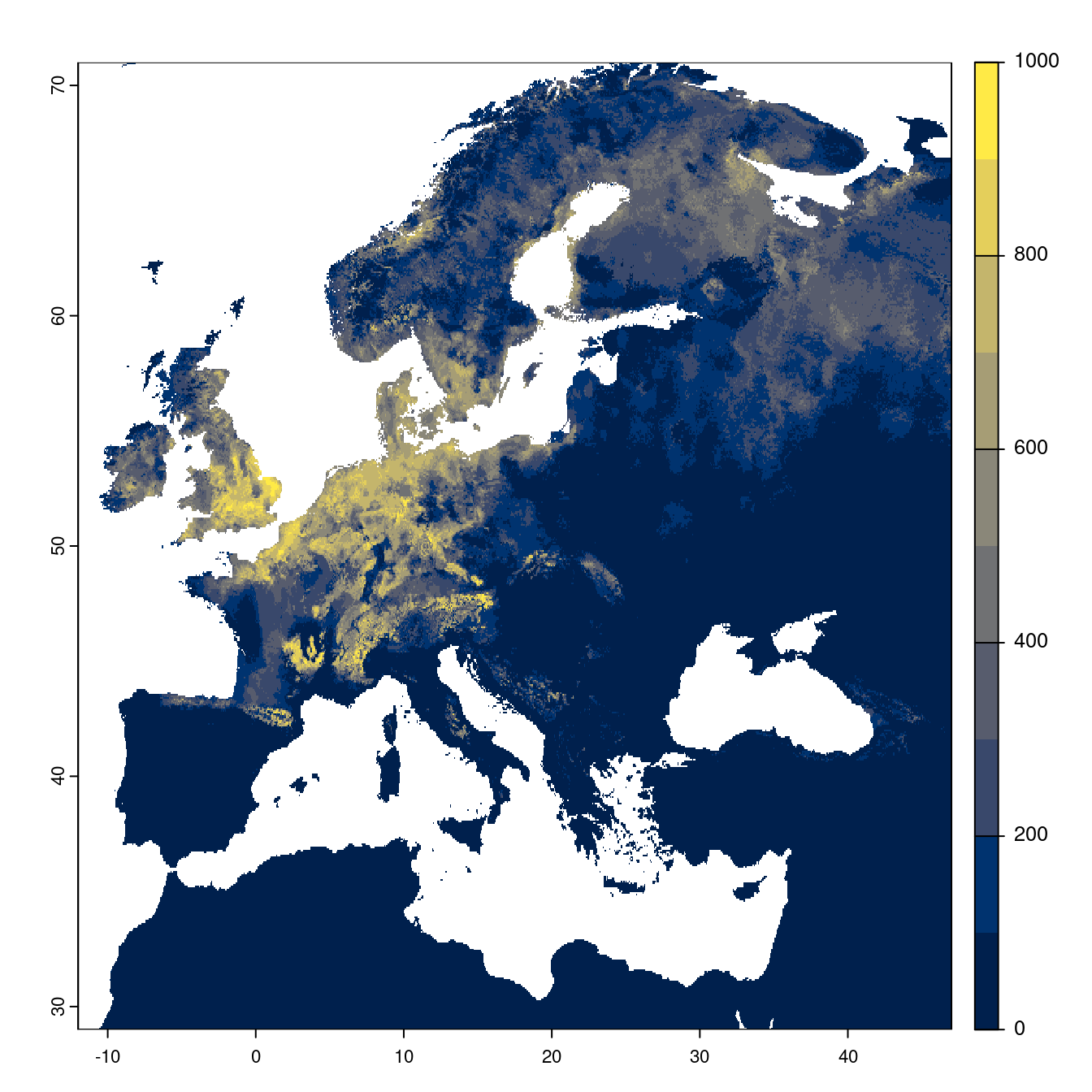 Projection des distributions potentielles futures jusqu'à l'horizon 2100 sous le scénario SSP2-4.5 (modèle d'ensemble).