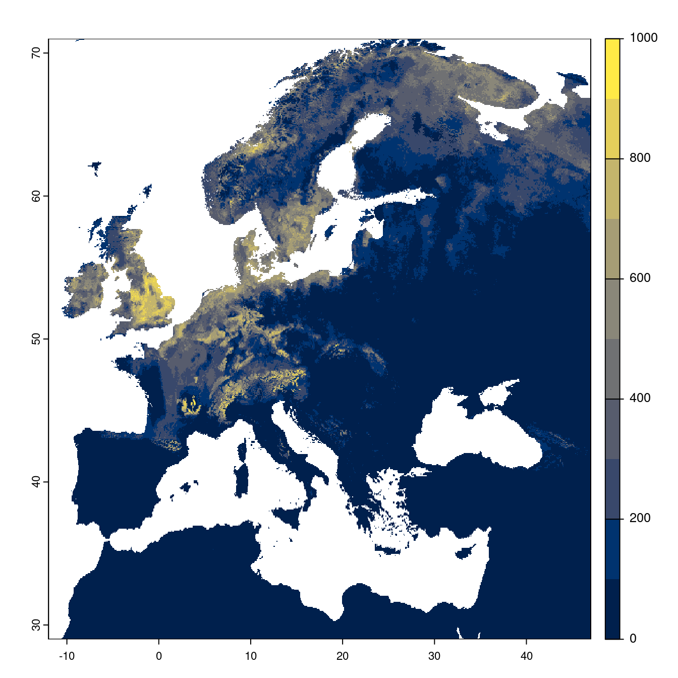 Projection des distributions potentielles futures jusqu'à l'horizon 2100 sous le scénario SSP3-7.0 (modèle d'ensemble).